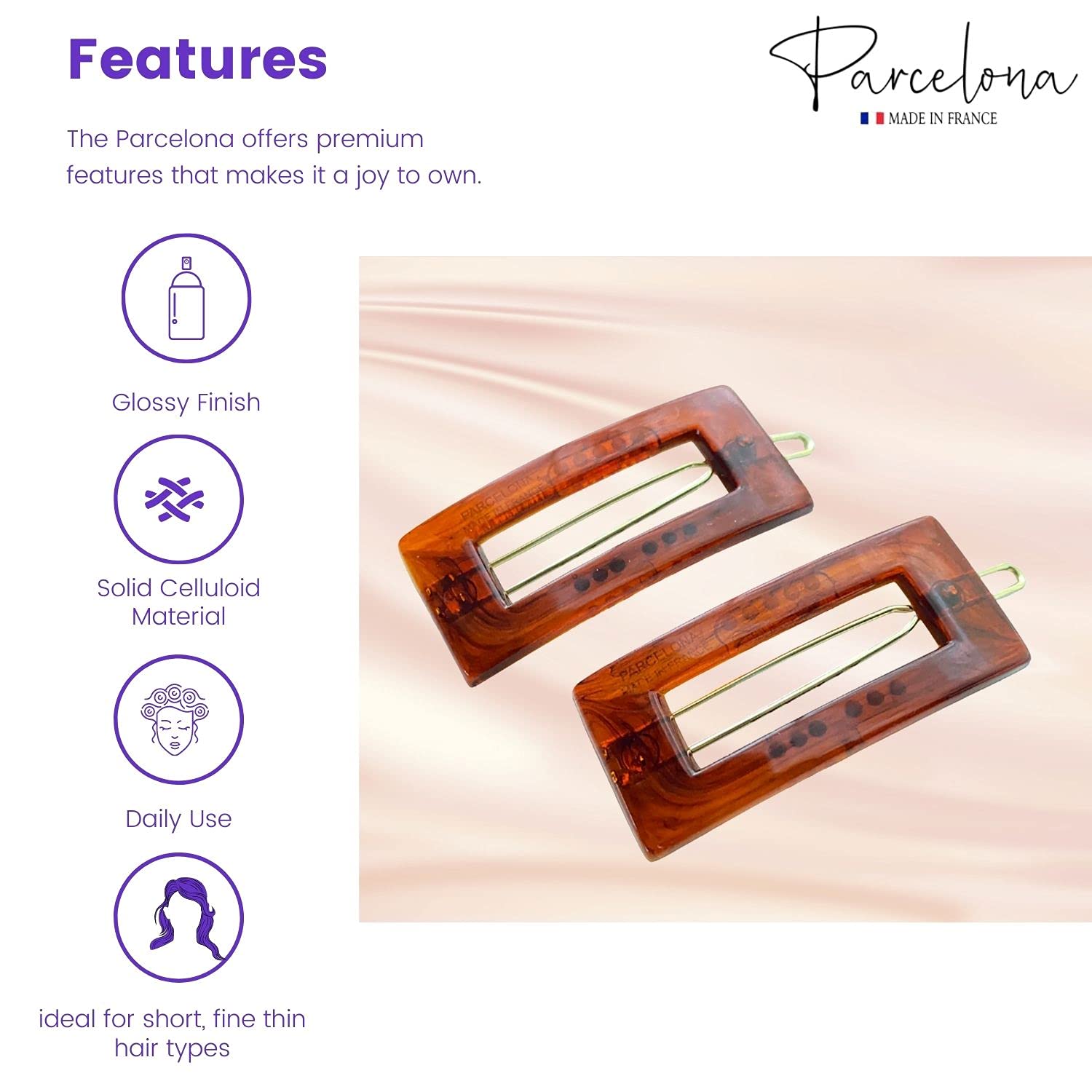 Parcelona French Rectangle Cut Out Brown No Slip Grip Snap Hair Clip Barrettes