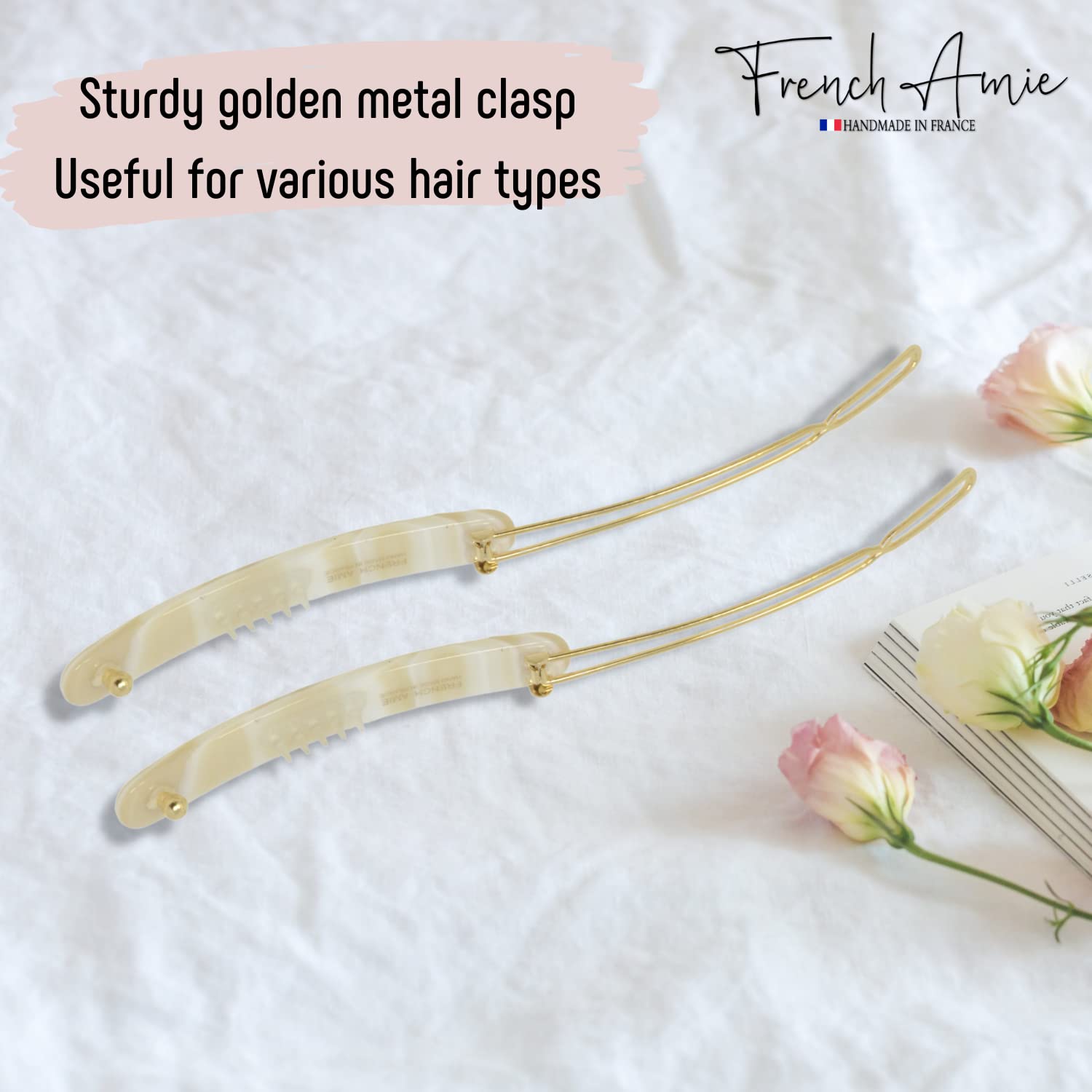 French Amie Rounded Oblong Small 2.5" Tige Boule Metal Clasp Hair Barrettes