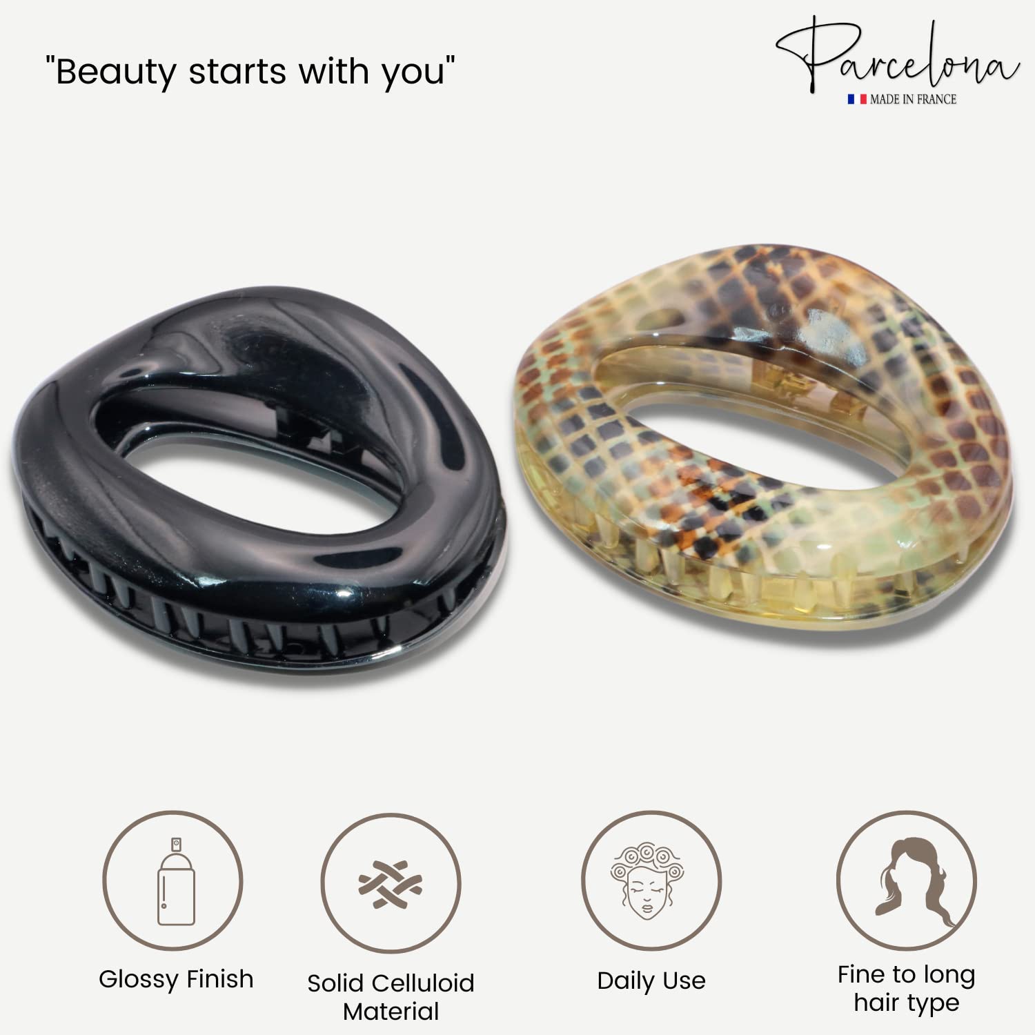 Parcelona French Flat Tube Cut out Small 2 1/2" Cellulose Set of 2 Hair Claws
