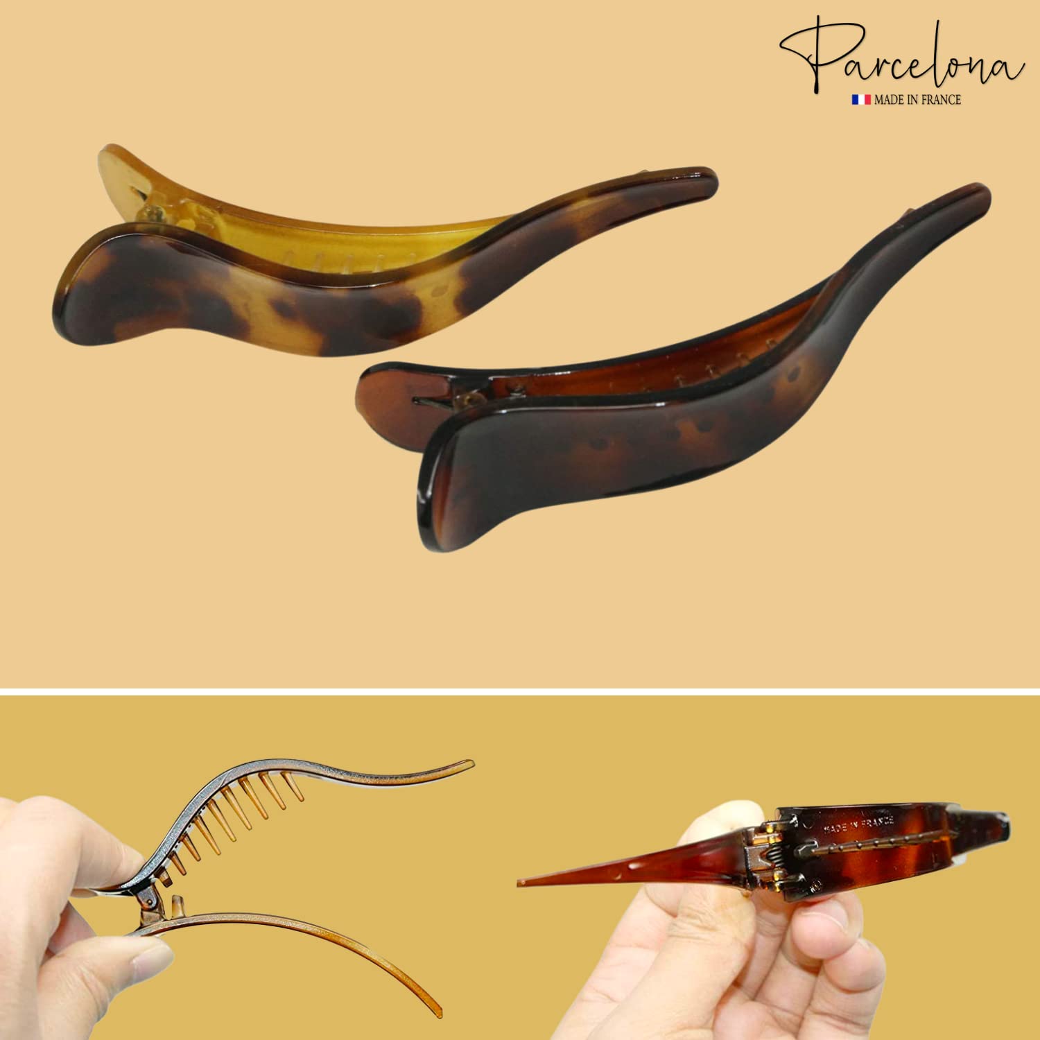 Parcelona French Brill Beak Light Shell and Brown Large Alligator Hair Claw 2Pcs