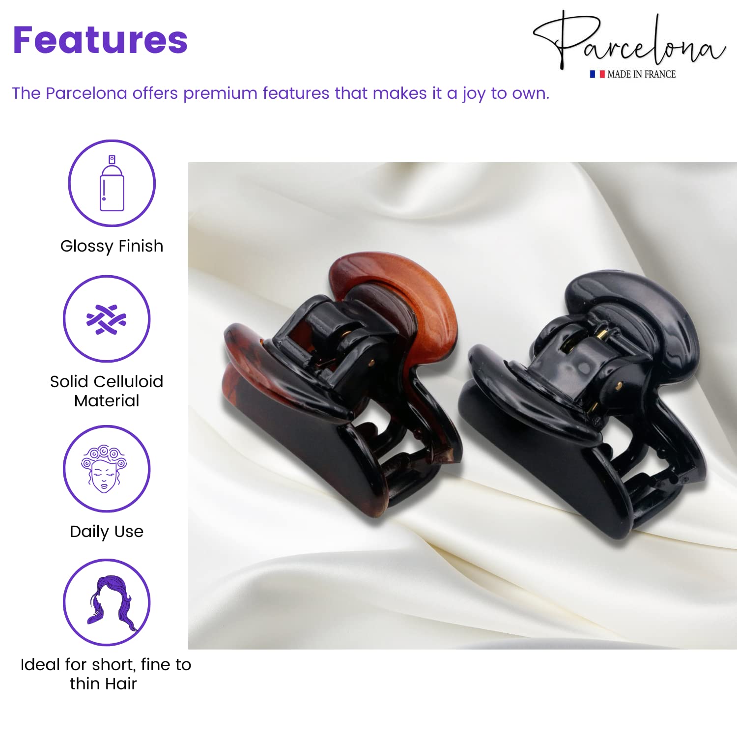 Parcelona French Glossy Oval Very Small 1.25" Cellulose Hair Claws Set of 2