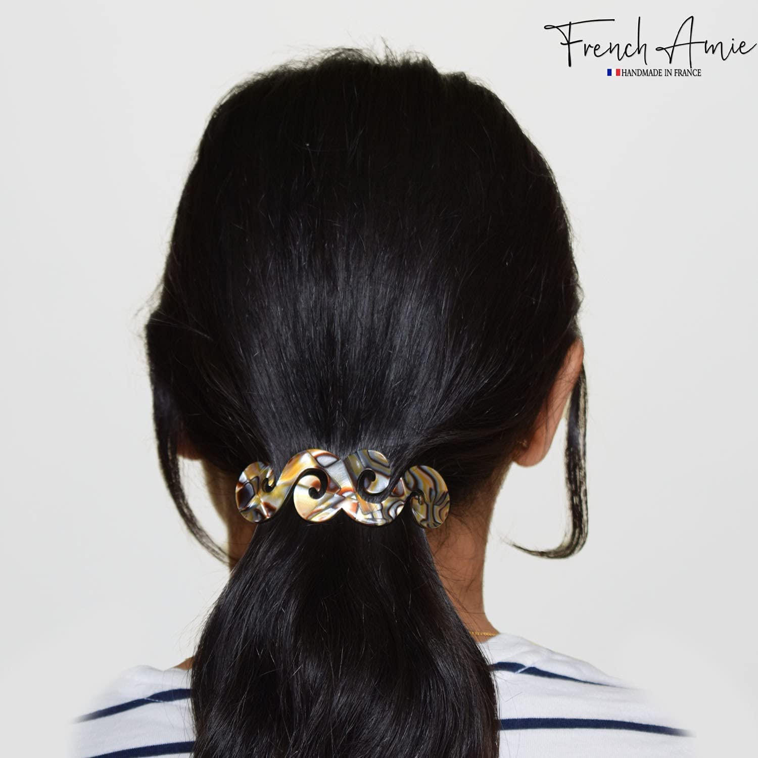 French Amie Swirls Onyx Cellulose Handmade Hair Clip Barrette with Silver Clasp