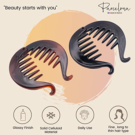 Parcelona French Round Fish Small Banana Hair Clip Set of 2(Black-Shell)