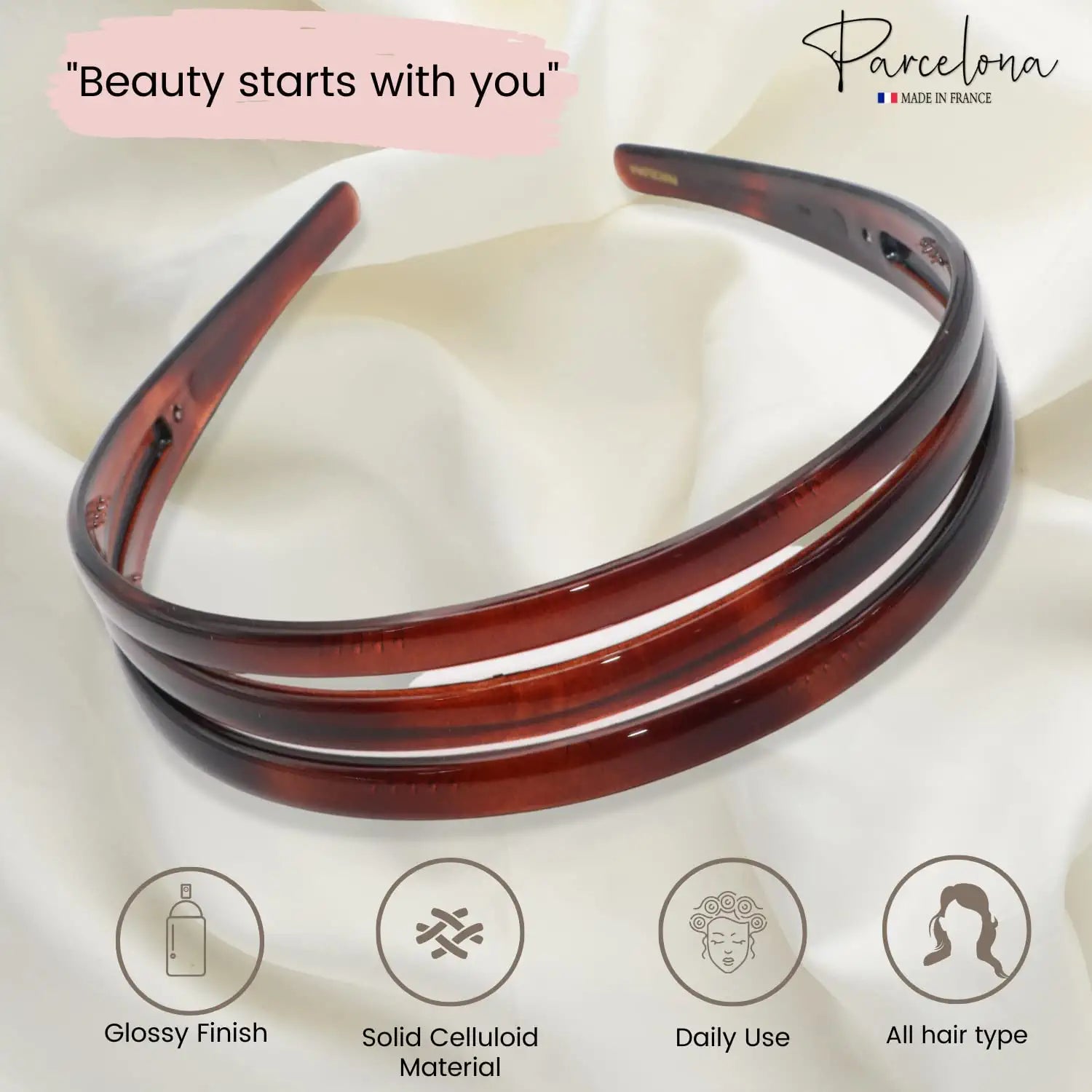 Parcelona French Triple Row 1 1/4" Wide Shell Brown Celluloid Acetate Headband