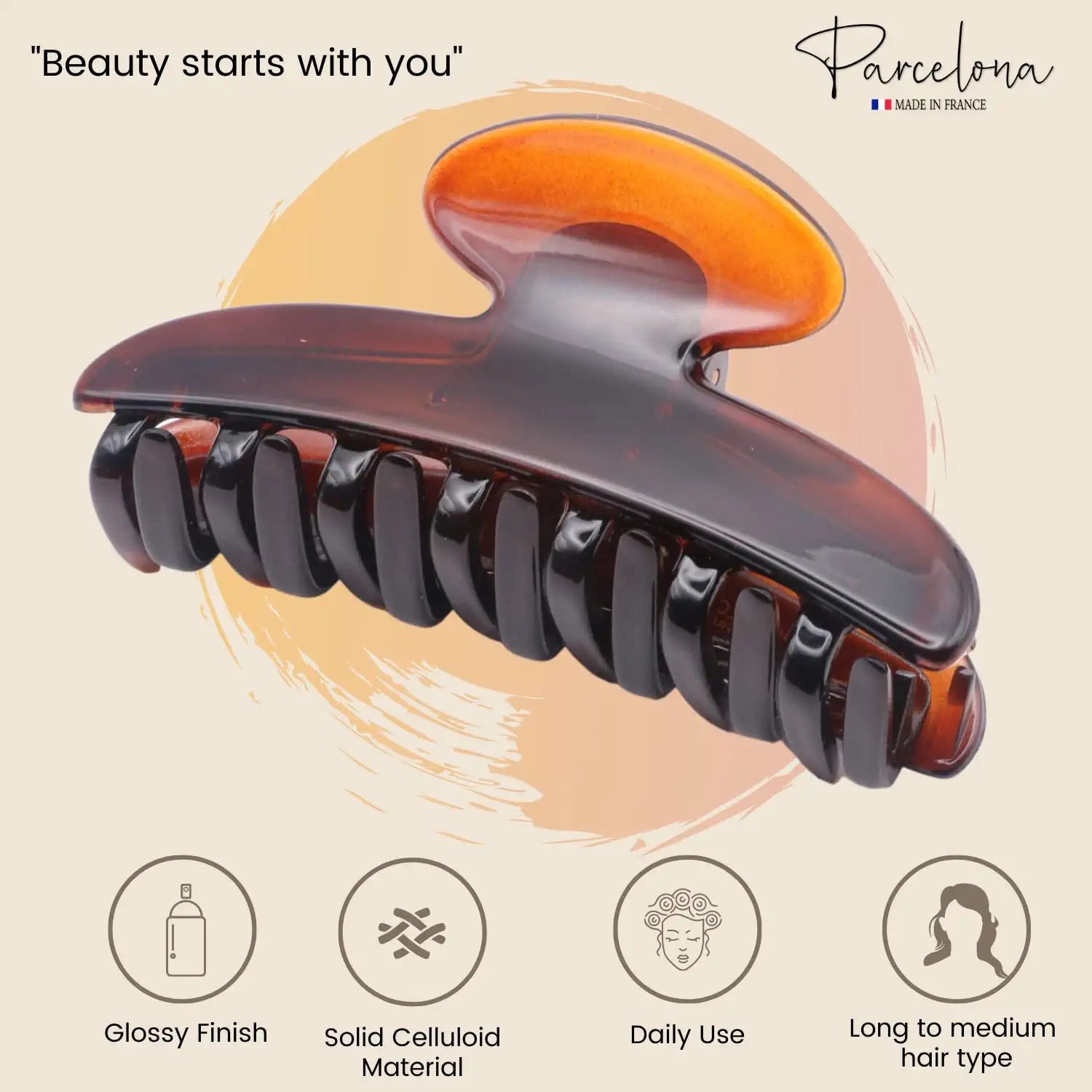 Parcelona French Glossy Oval Medium 3.5" Cellulose No Slip Hair Claw for Women