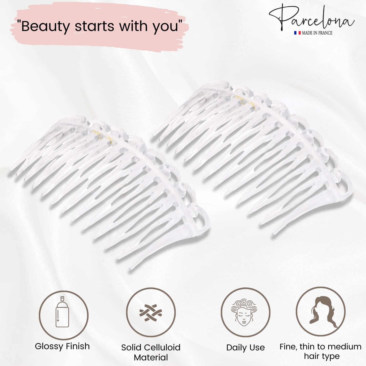 Parcelona French Swirl Savana Small Cellulose Set of 2 Side Hair Combs for Women