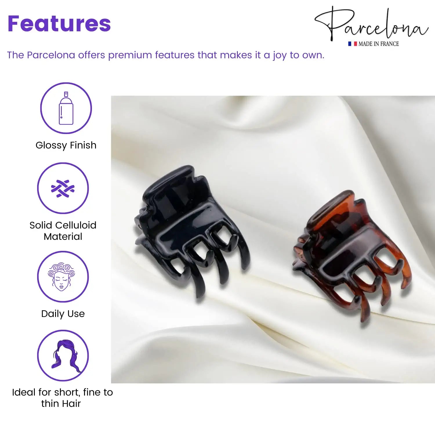 Parcelona French Glossy Square Very Small Cellulose Hair Claws for Women 2Pcs