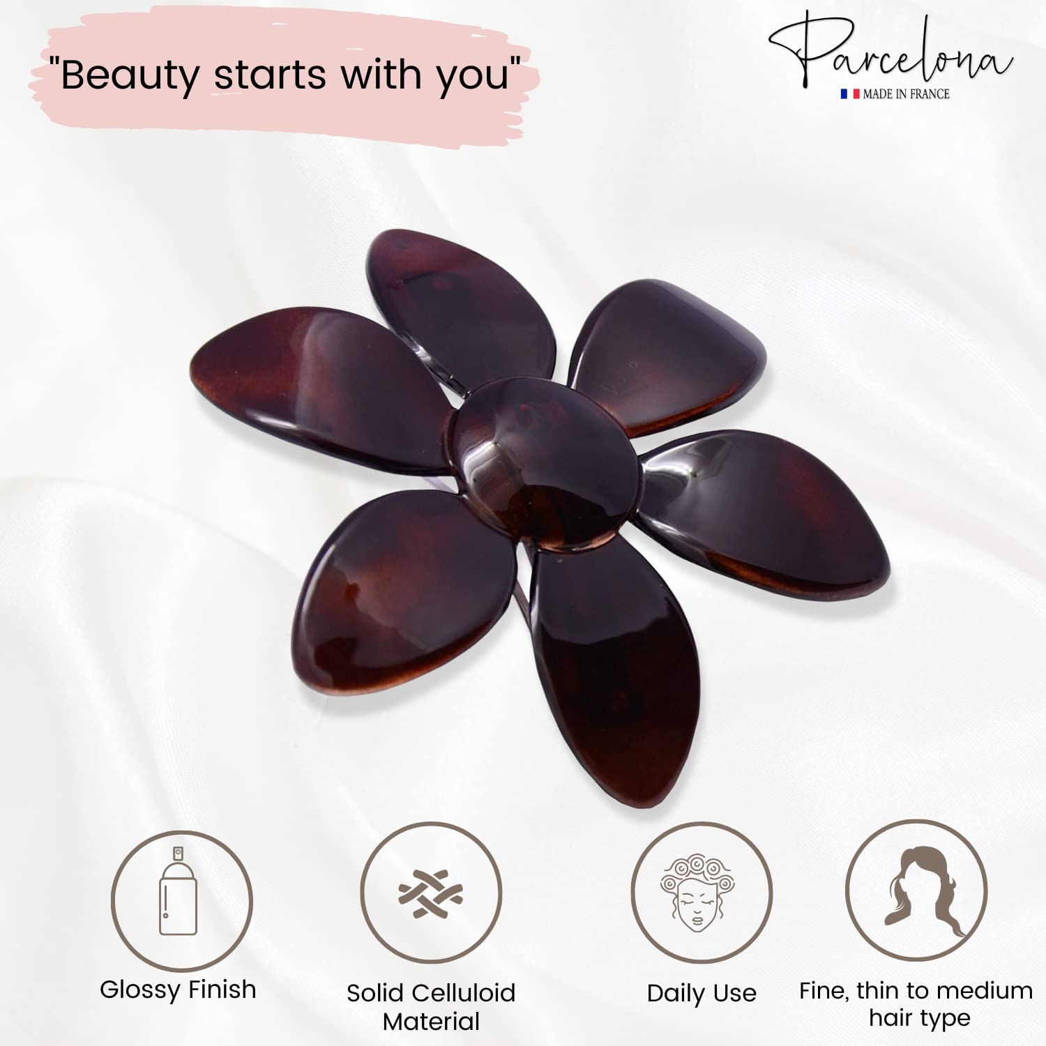 Parcelona French Daisy Tortoise Shell Brown Cellulose Hair Clip Barrette