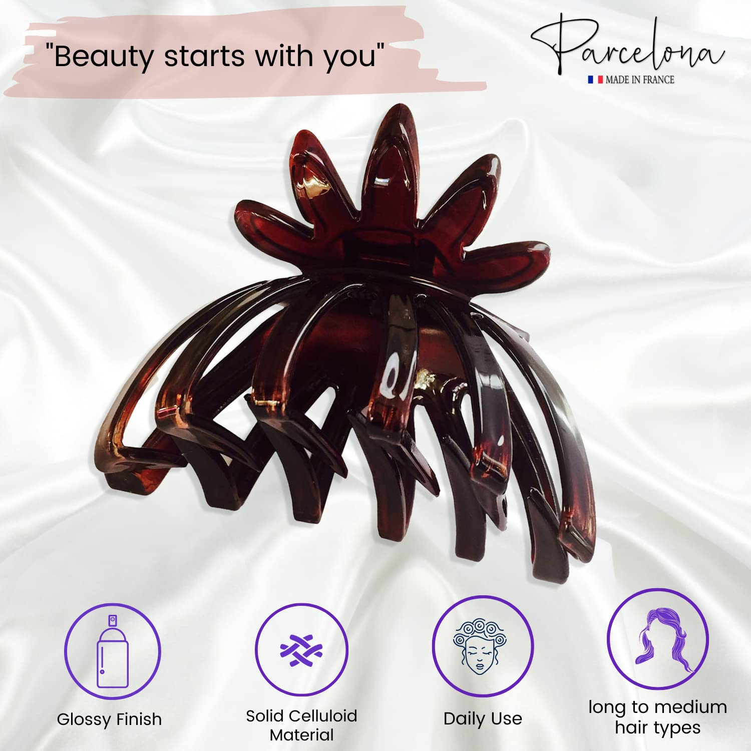 Parcelona France Flower Wide Shell Covered Spring Cellulose Hair Claw Clip