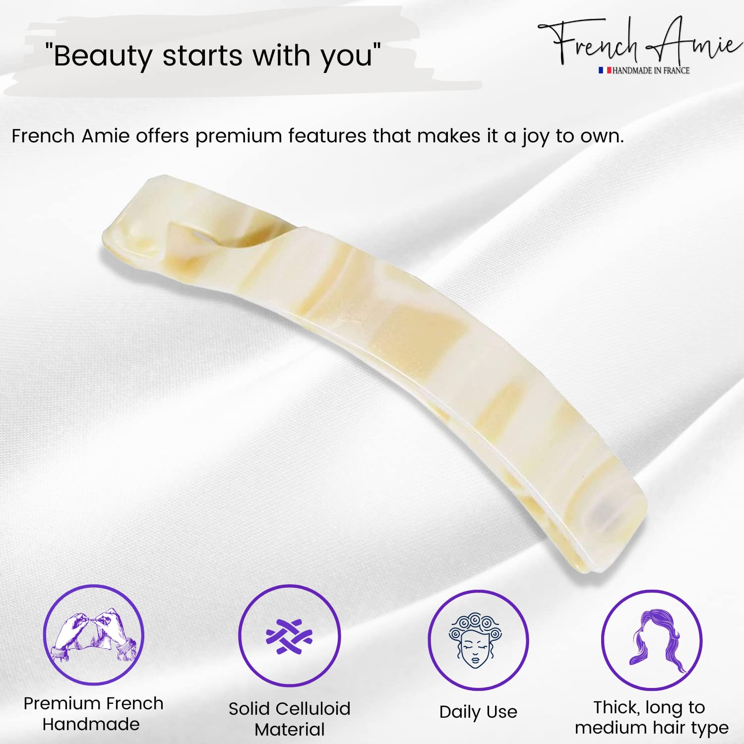 French Amie Elongated Curve 4" Cellulose Handmade Banana Hair Clip for Women