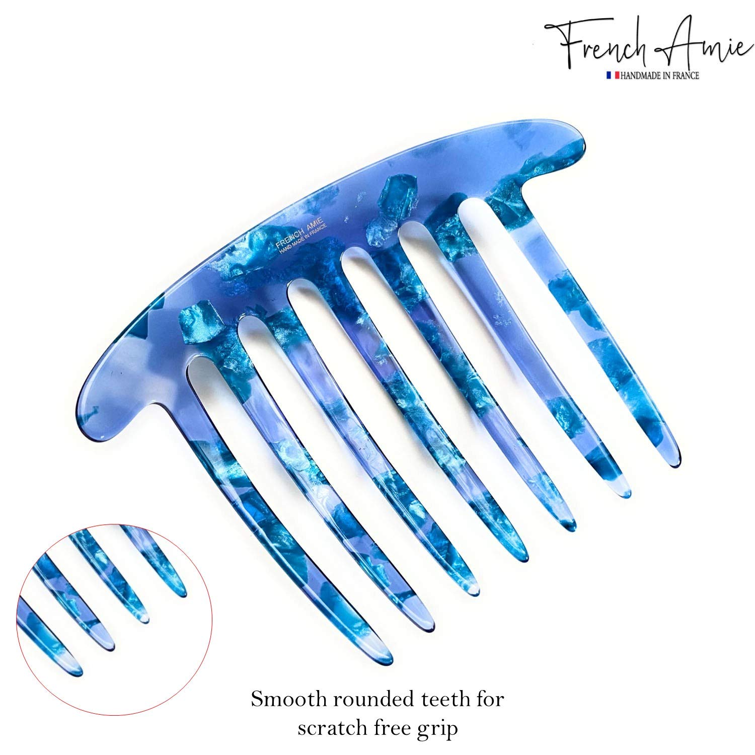 French Amie 7 Teeth Clear and Blue Handmade Celluloid Side Hair Comb for Women