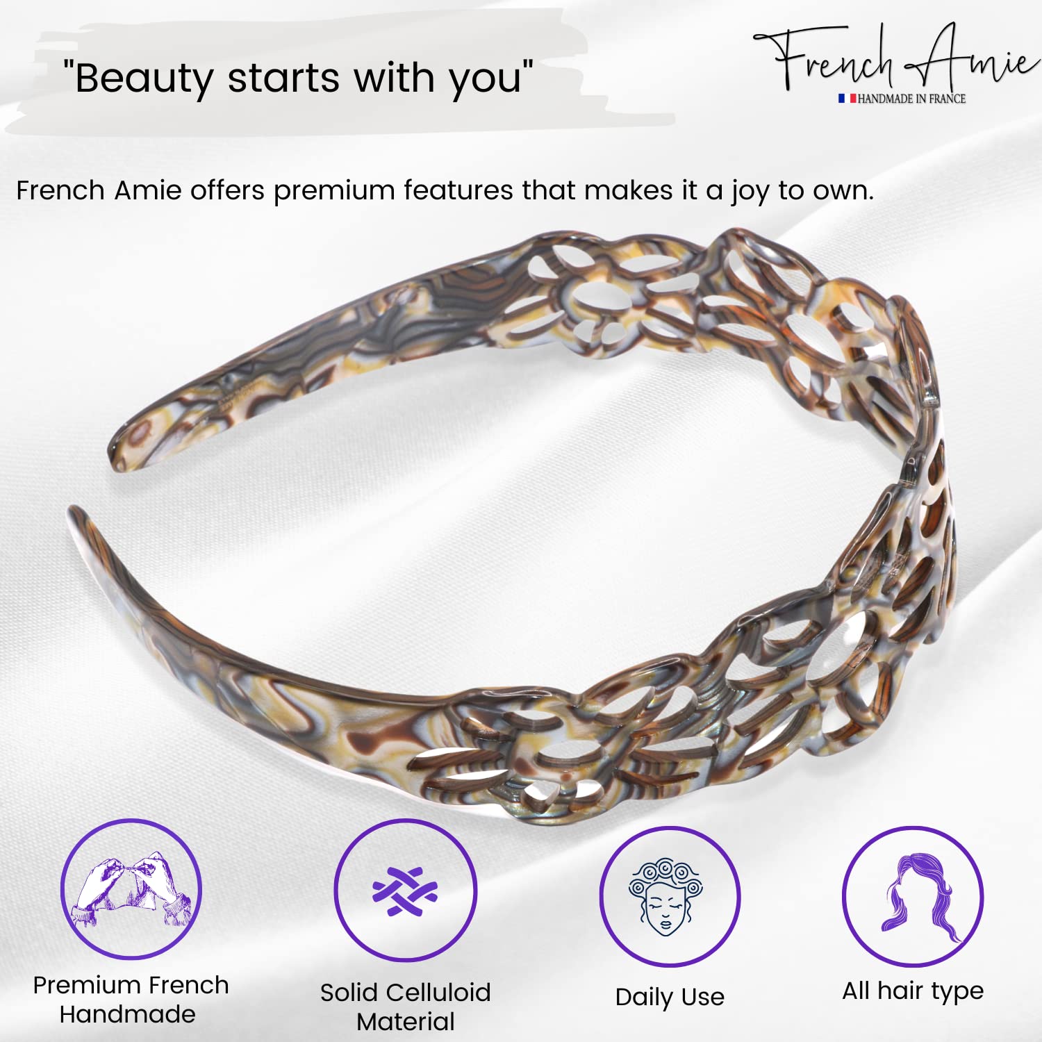 French Amie Flower Wide 1 1/2" Cellulose Handmade Flexible Headbands