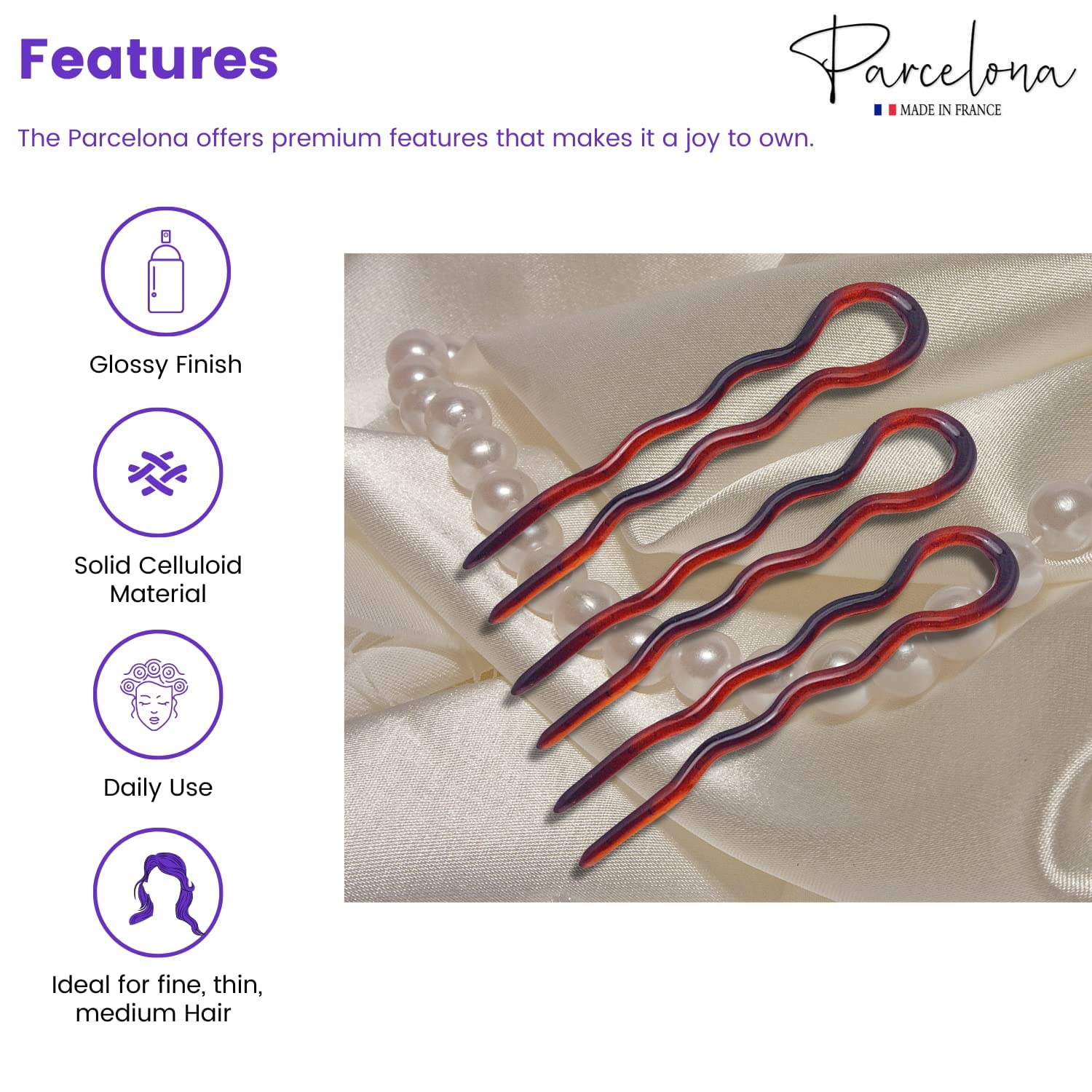 Parcelona French Slick Medium Celluloid Acetate Wavy U Shaped Hair Pin for Women