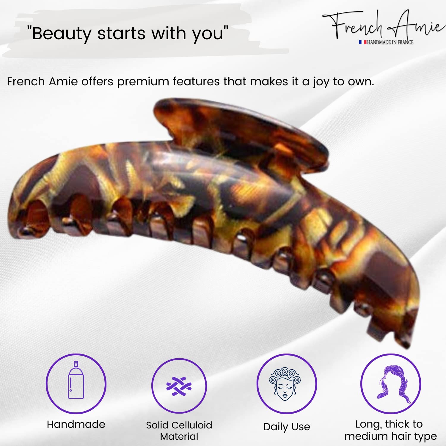 French Amie Contour Large 4 ¾” Cellulose Handmade Jaw Hair Claw Clip for Women