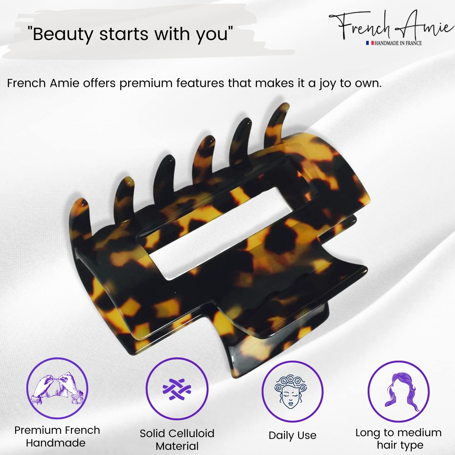French Amie Geo Medium 3 1/4" Cellulose Acetate Handmade Jaw Hair Claw Clip Women