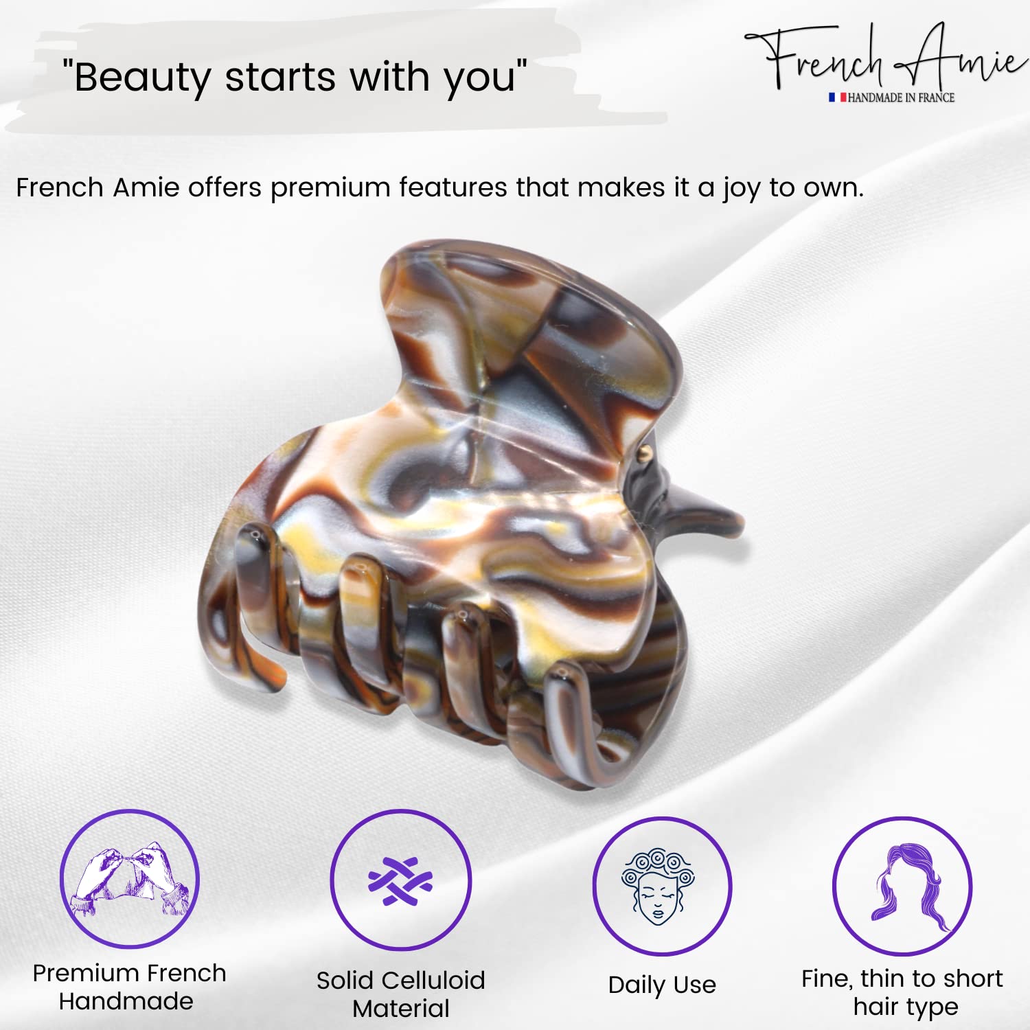 French Amie Mini Onyx Silver Grey Handmade Cellulose Jaw Hair Claw Clip