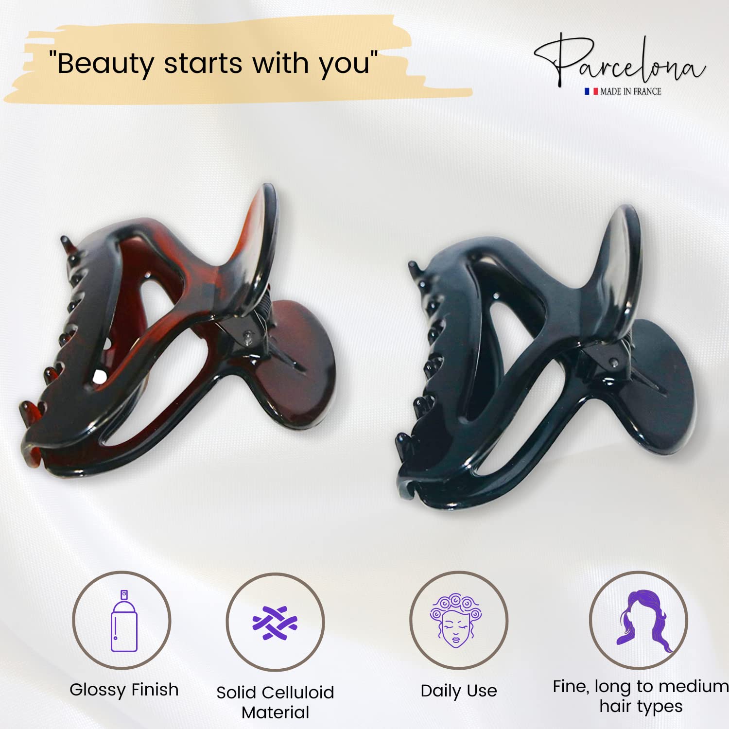 Parcelona French Flat Cutout Black N Shell Medium Set Of 2 Cellulose Hair Claws