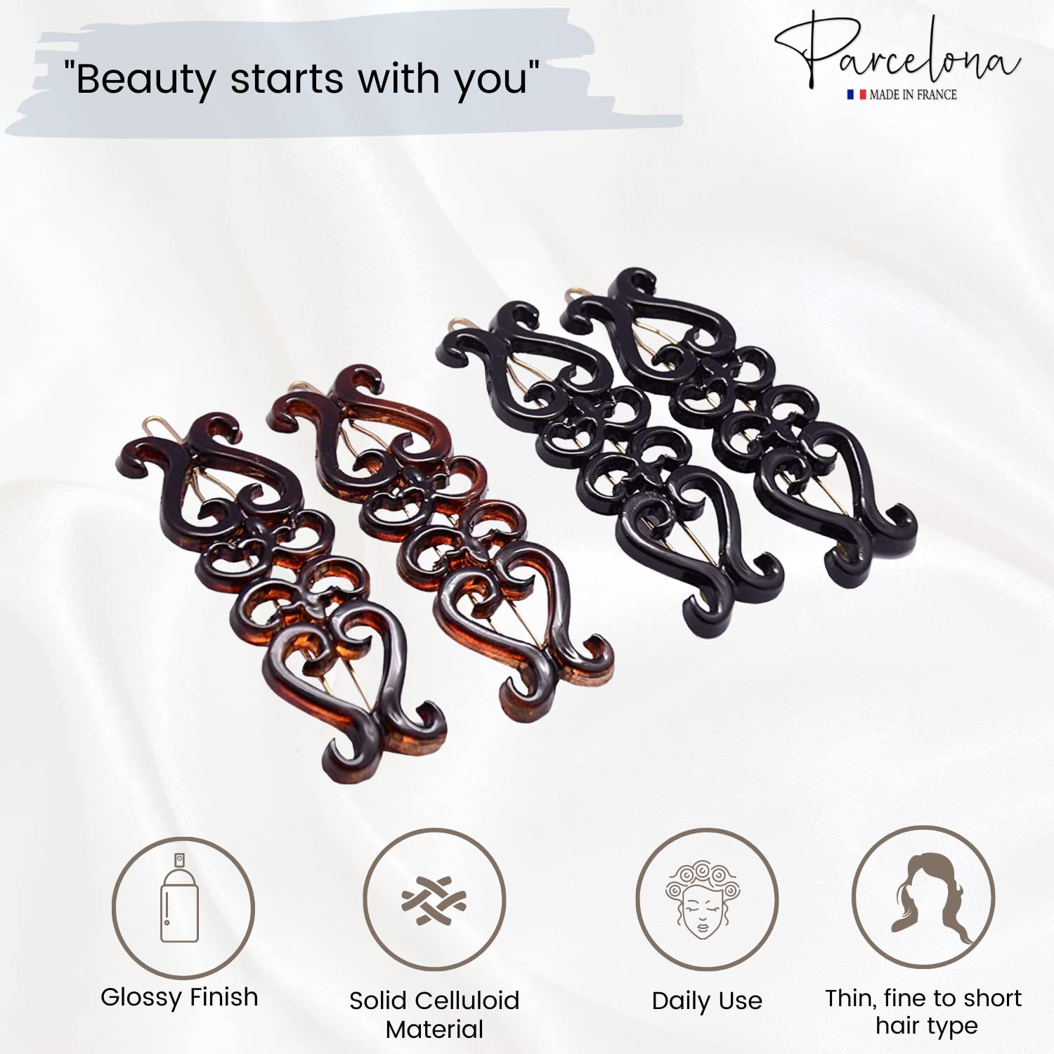 Parcelona French Little Hearts Shell Black Small Snap Hair Clip Barrettes(4 Pcs)