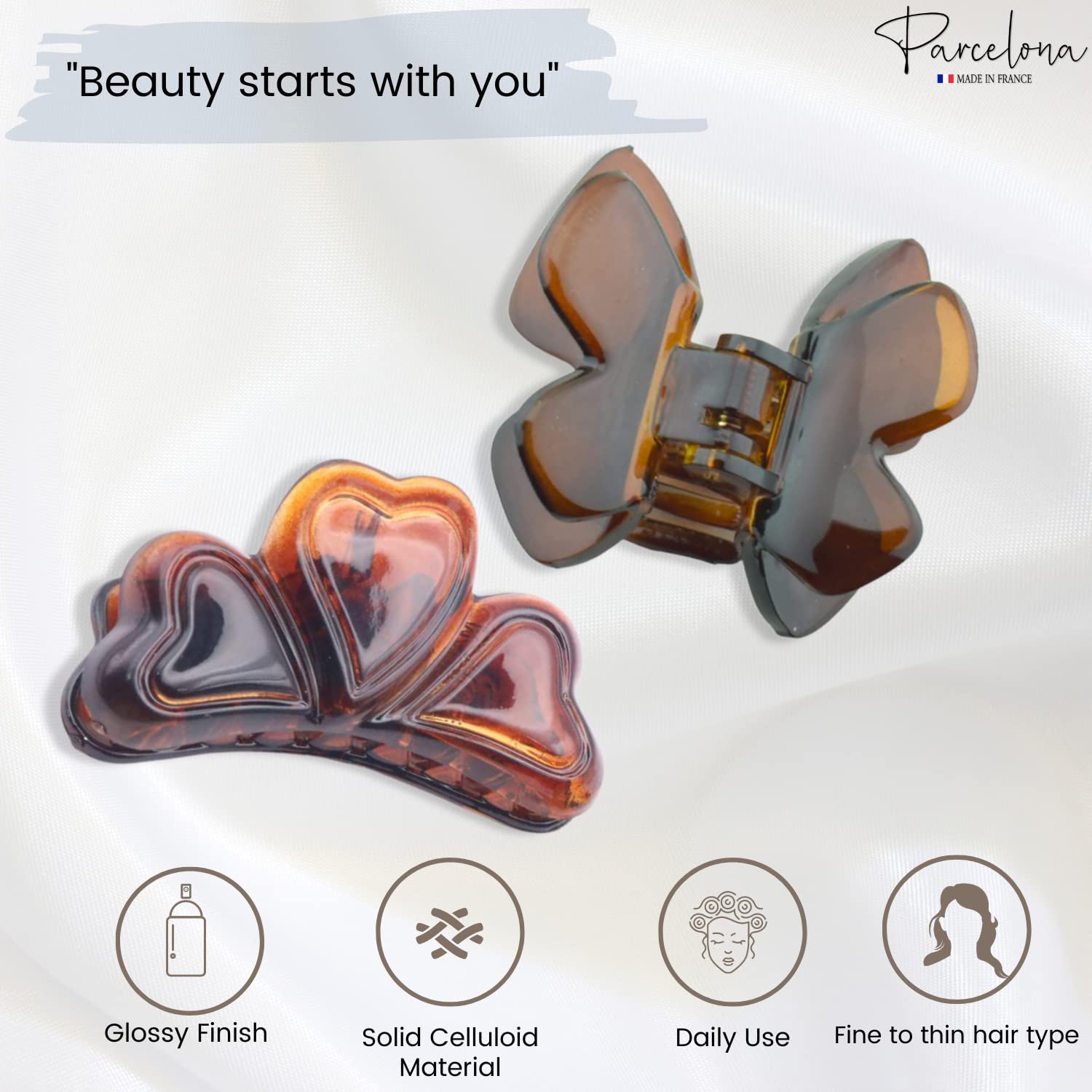 Parcelona French Small Shell Celluloid Love Hearts Butterfly Hair Claws(2 Pcs)