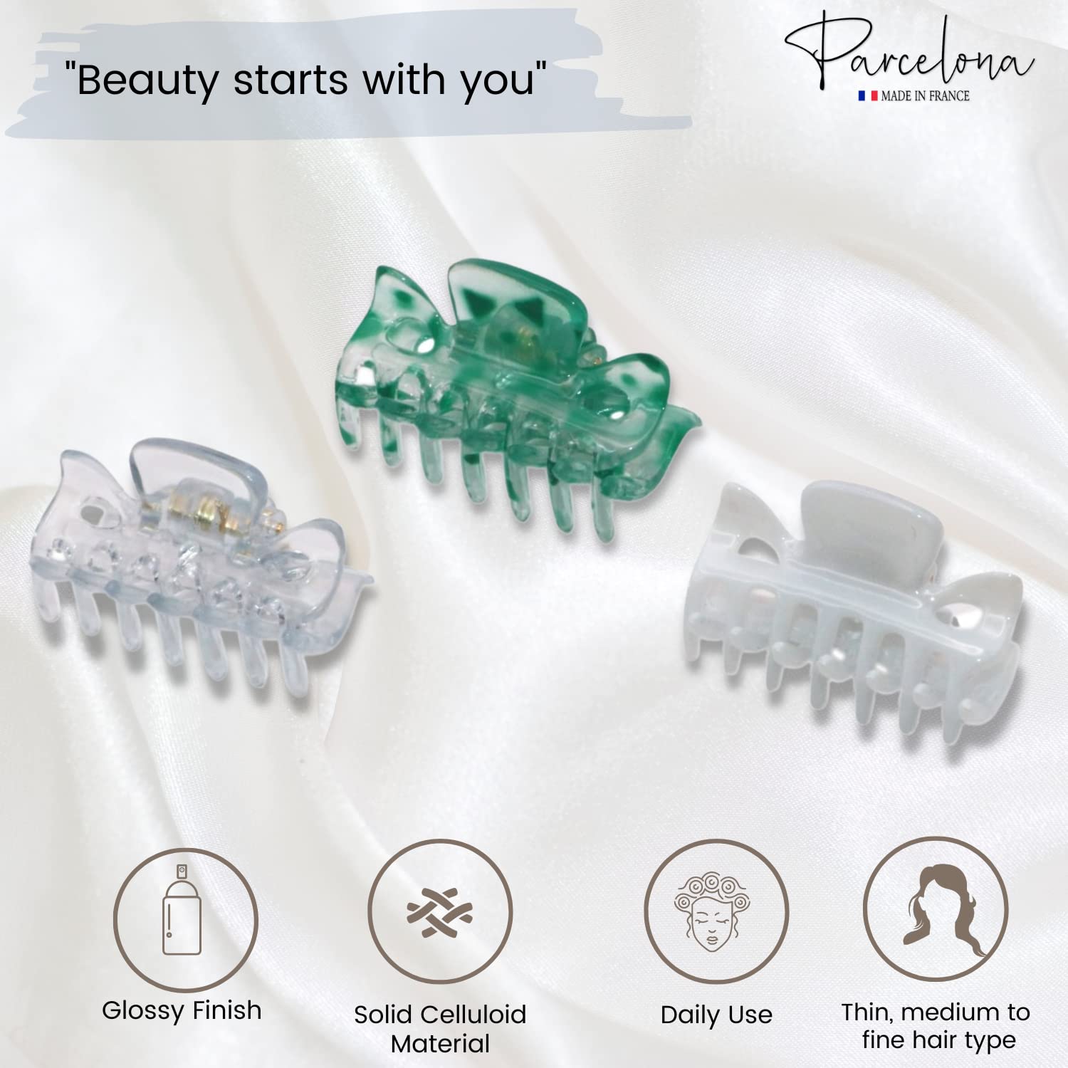 Parcelona French Classic 1.5" Small Celluloid Set of 3 Hair Claws for Women