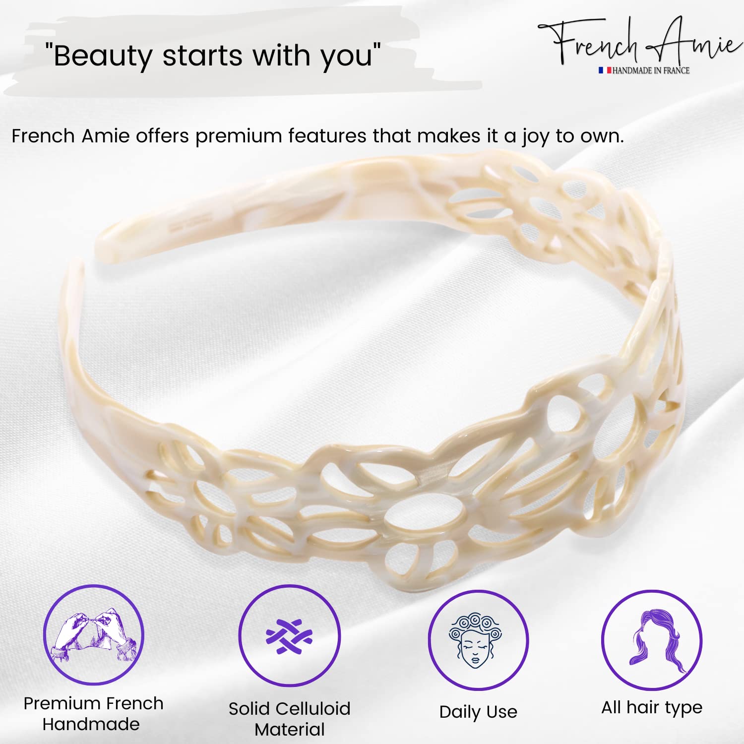 French Amie Flower Wide 1 1/2" Cellulose Handmade Flexible Headbands