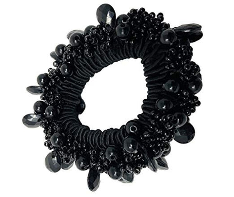 Moeni Beaded Black Elastic Hair Ponytail Scrunchy for Girls and Women