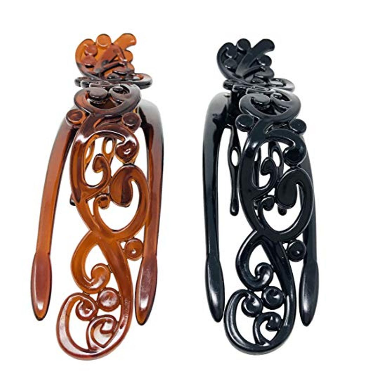 Parcelona French Floral Shell N Black Side Slide Beak Hair Claw Clip- Set of 2