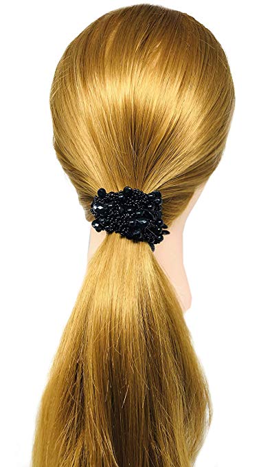 Moeni Beaded Black Elastic Hair Ponytail Scrunchy for Girls and Women
