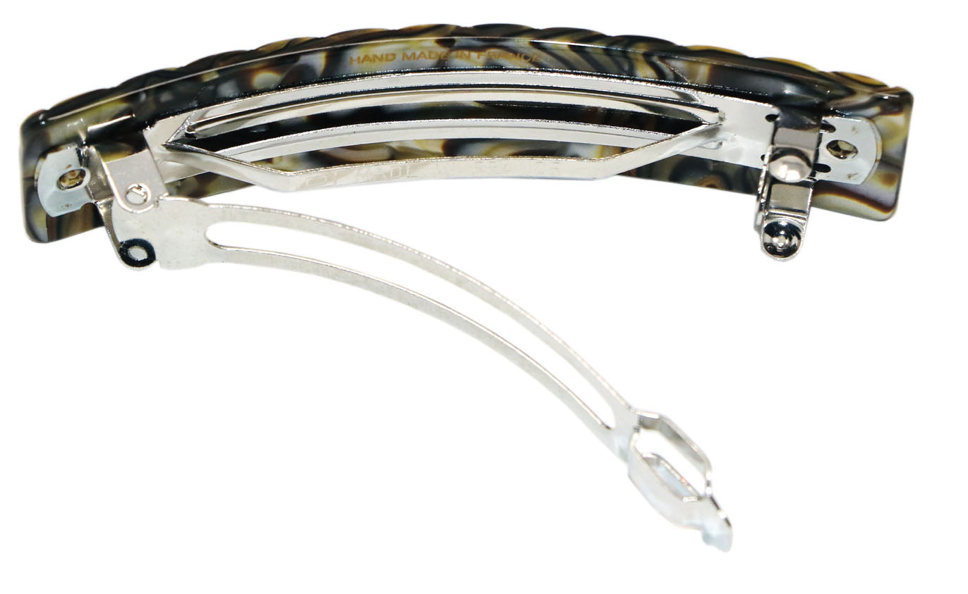 French Amie Beau Criss Cross Handmade Hair Clip Automatic Barrette Silver Clasp