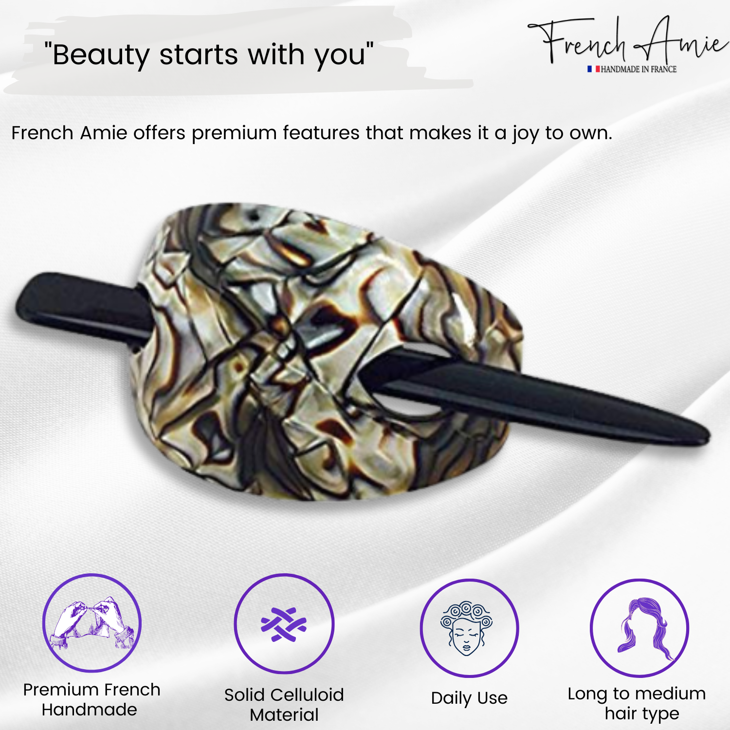French Amie Oval Arch Handmade Celluloid Hair Bun Cover with Stick for Women