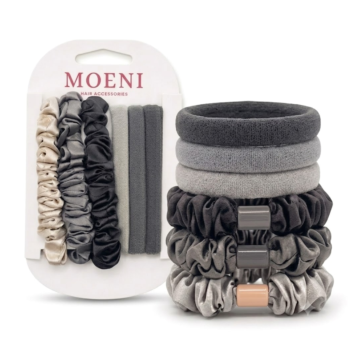 Moeni Oella Satin Scrunchies and Elastic Hair Ties Set 6 Pc Medium 3 Inch
