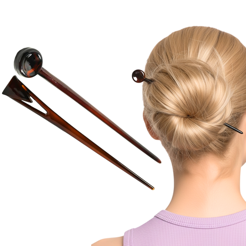 Parcelona French Baton Hair Sticks, Tortoise Shell Chignon Pin for Buns (Set of 2)