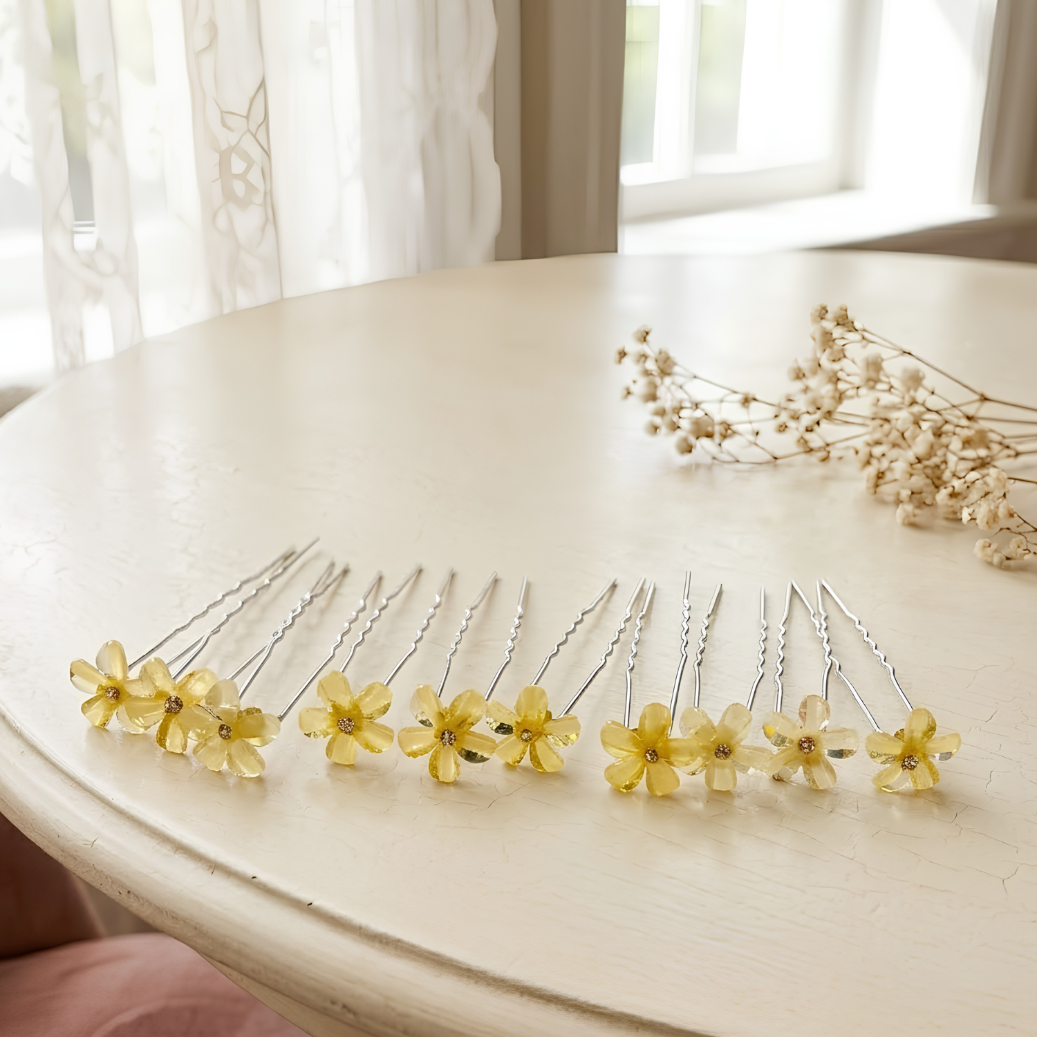 Moeni Petal Yellow Flower Small U Shaped Hair Pins for Women, Pack of 10