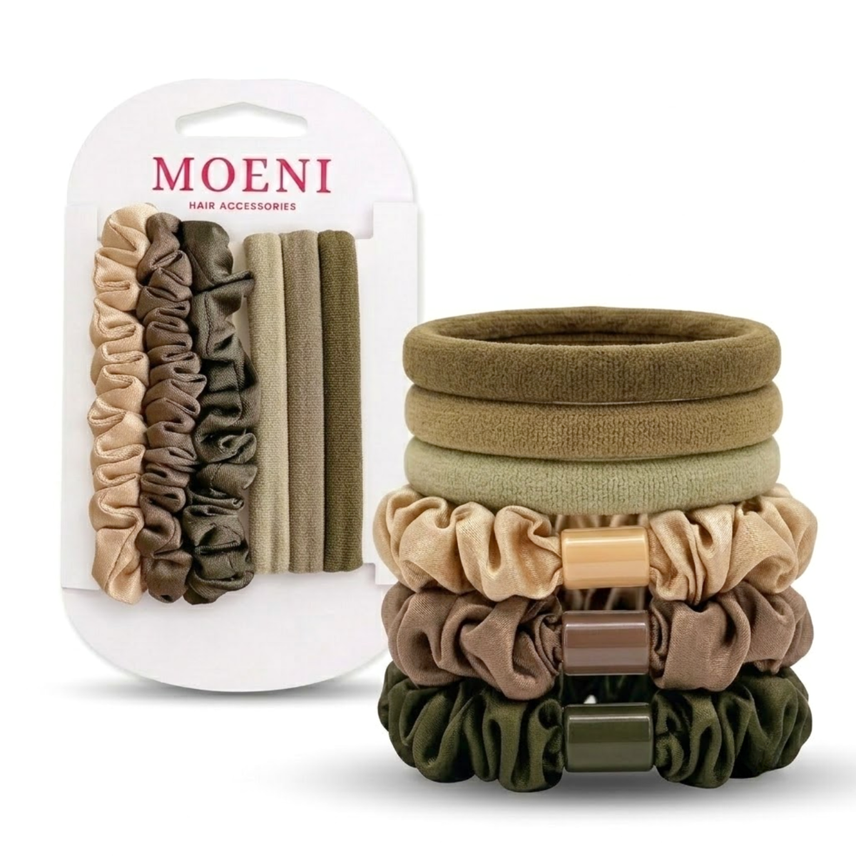 Moeni Oella Satin Scrunchies and Elastic Hair Ties Set 6 Pc Medium 3 Inch