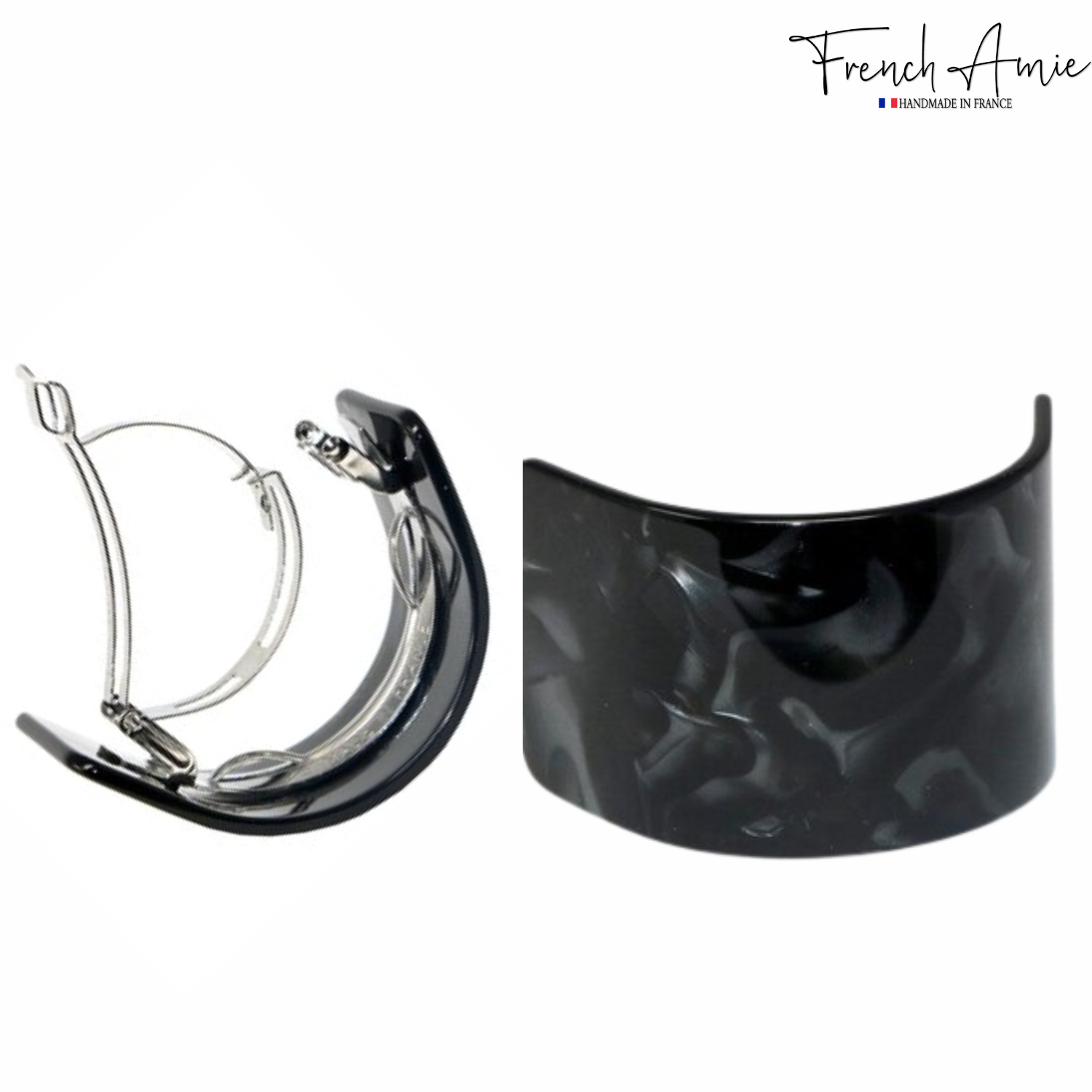 French Amie Half Circle 2 1/4" Medium Pearl Black Curved Handmade Hair Clip