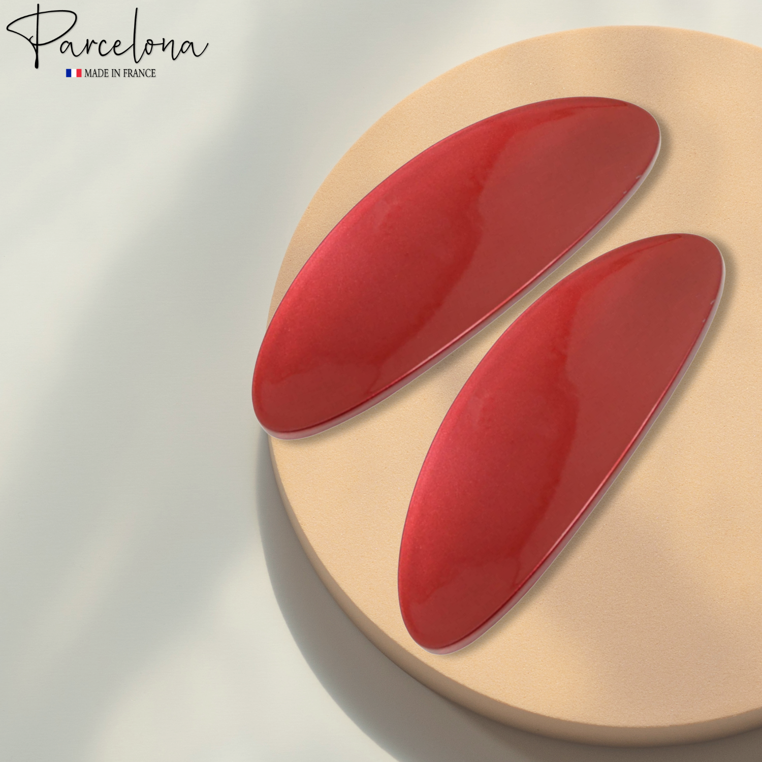 Parcelona French Oval Glossy Red Large Cellulose Hair Barrettes for Women (2Pcs)
