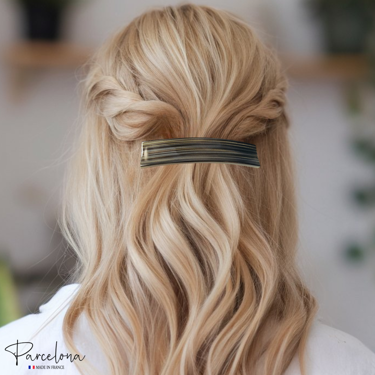 Parcelona Oblong Grey Beige 3.5 Inch Celluloid Automatic Hair Clip Hair Barrette