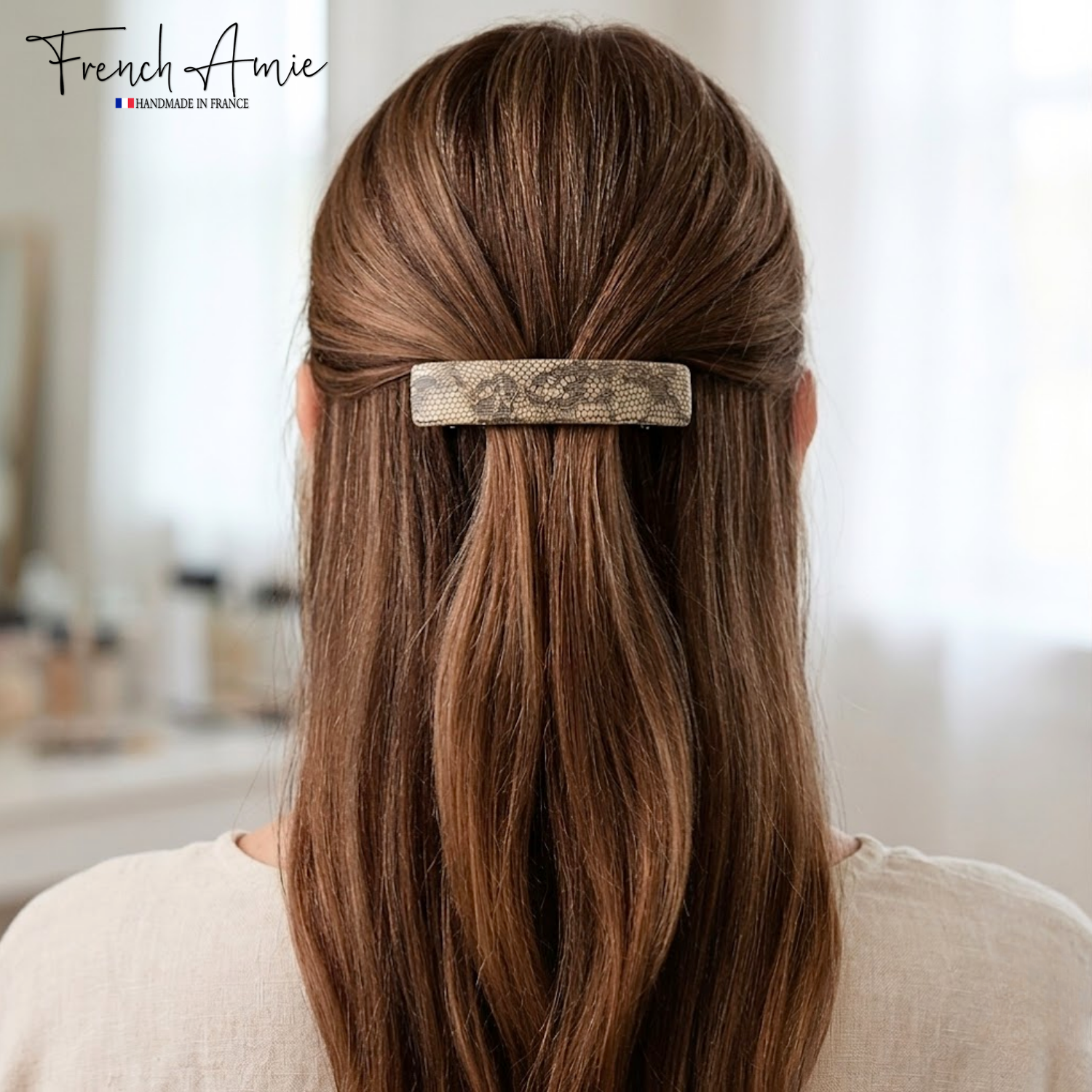 French Amie Oblong 3 1/2" Cellulose Handmade Automatic Hair Barrette for Women