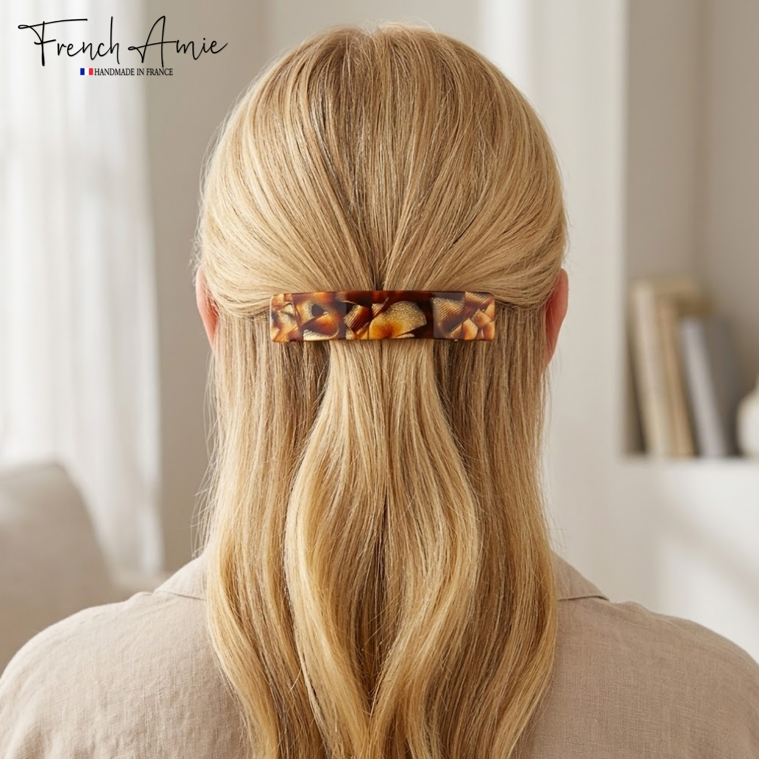 French Amie Oblong 3 1/2" Cellulose Handmade Automatic Hair Barrette for Women