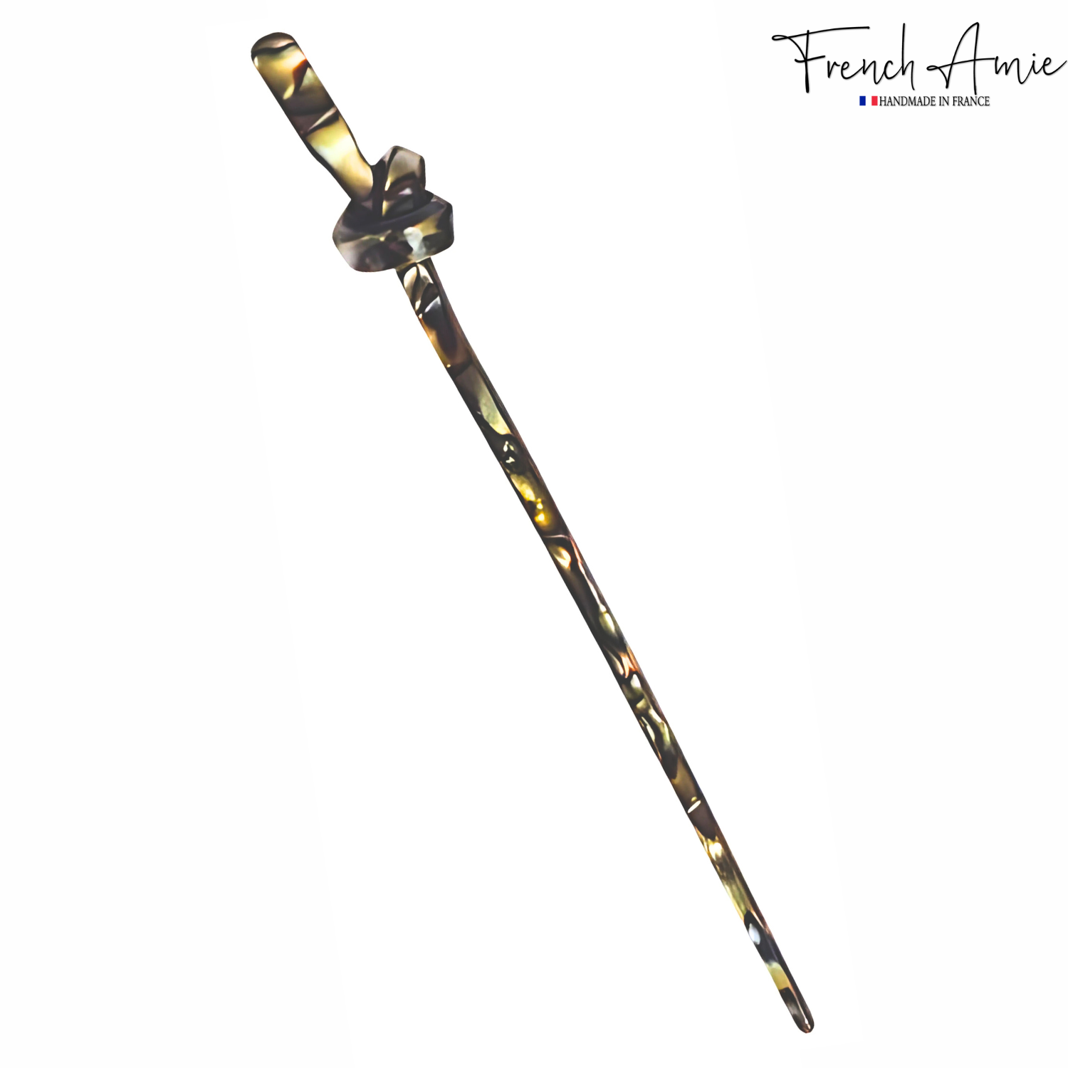 French Amie Knot Handmade 7" Onyx Cellulose Acetate Chignon Bun Hair Pin Stick