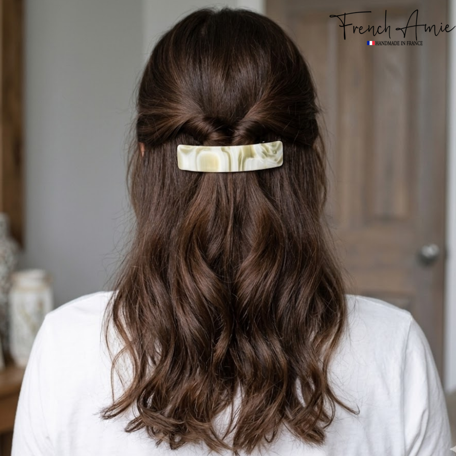 French Amie Long Rectangle Handmade Large Hair Barrette Clip for Women N Girls