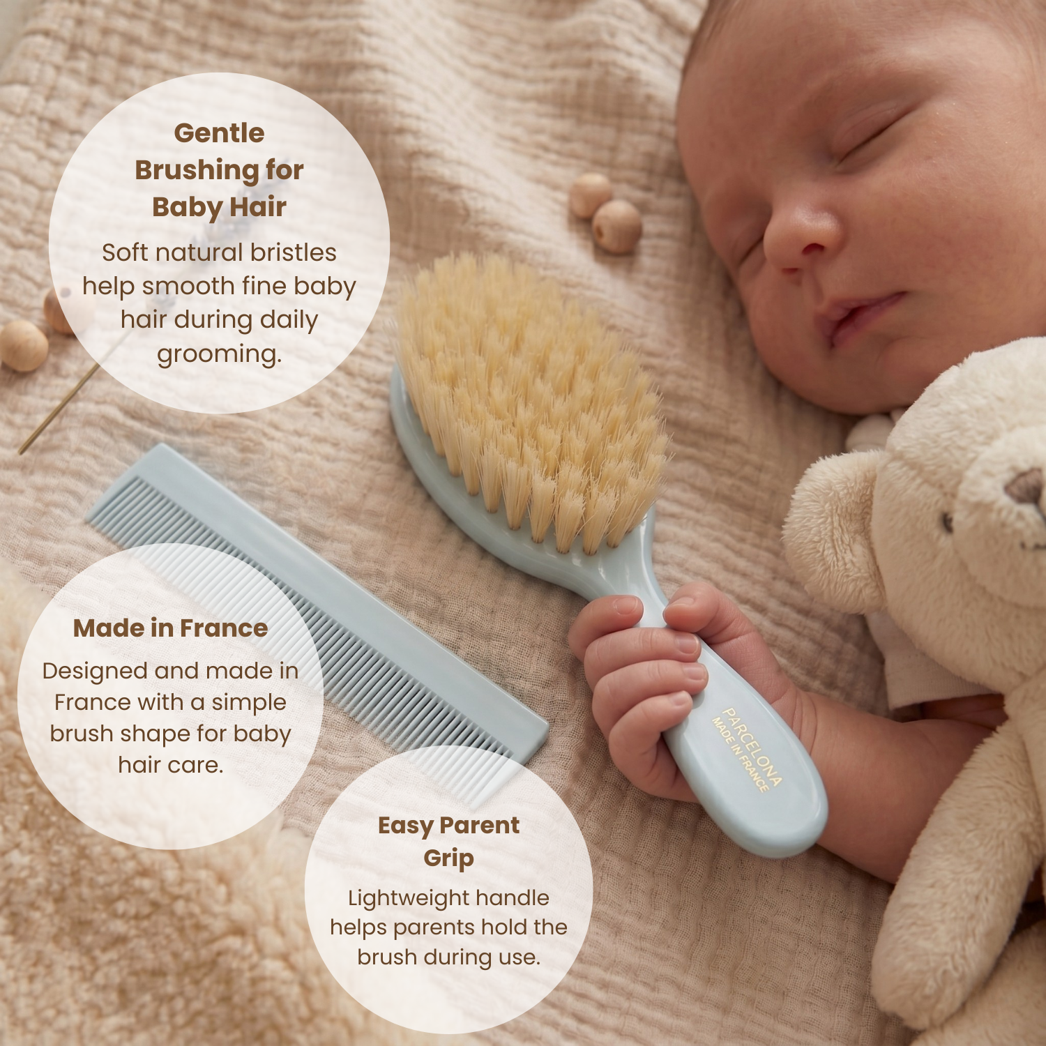 Parcelona French Grooming Combo 6” Cellulose Baby Brush and Comb for Toddlers