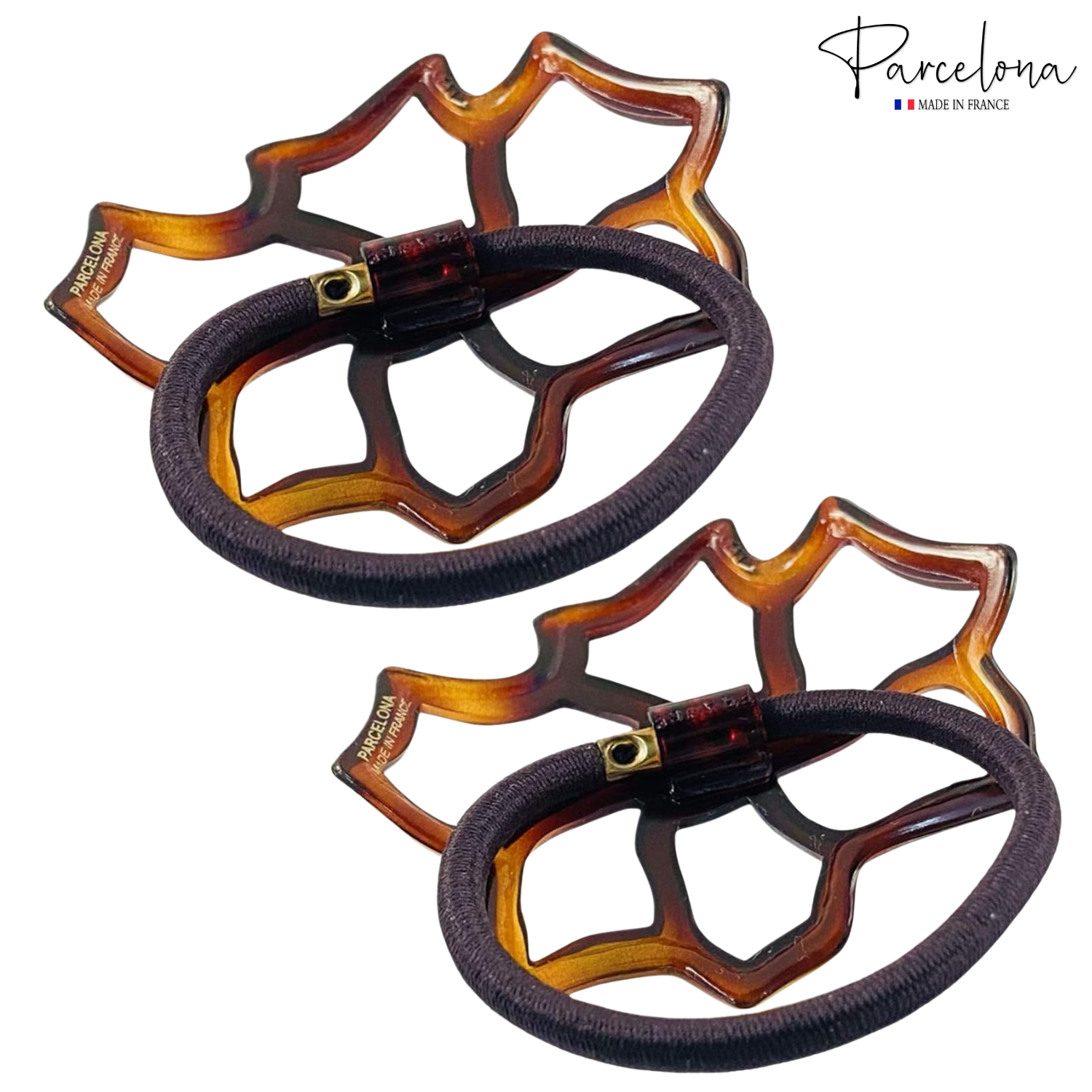 Parcelona French Floral Cut Out Tortoise Shell Brown Small 2 ½” Cellulose Flexible Set of 2 Thin Elastic Hair Tie for Girls and Women