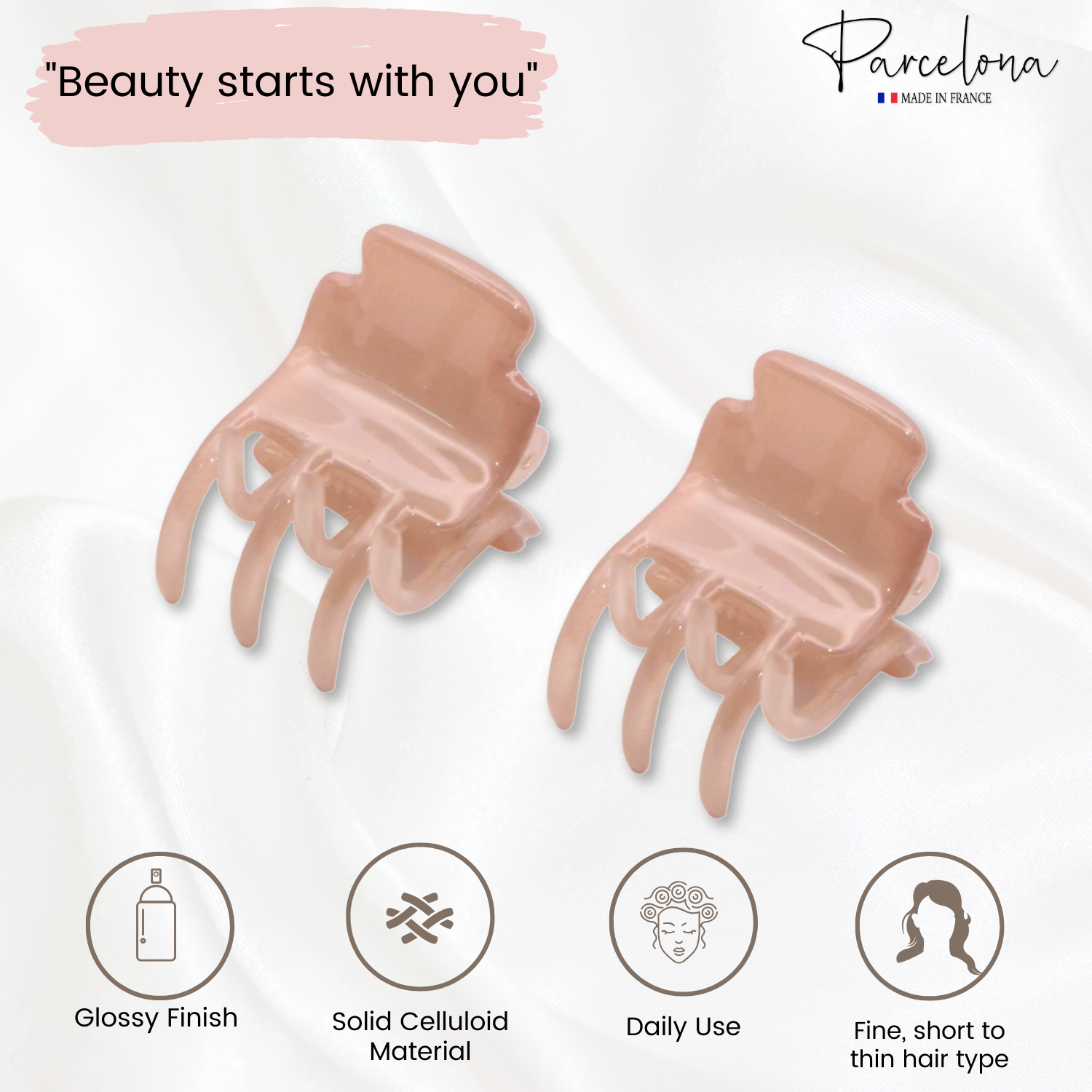 Parcelona French Glossy Square Very Small Cellulose Hair Claws for Women 2Pcs