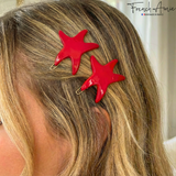 French Amie Red Star Fish Hair Clips Cellulose Acetate Beach Barrette Slide Set of 2