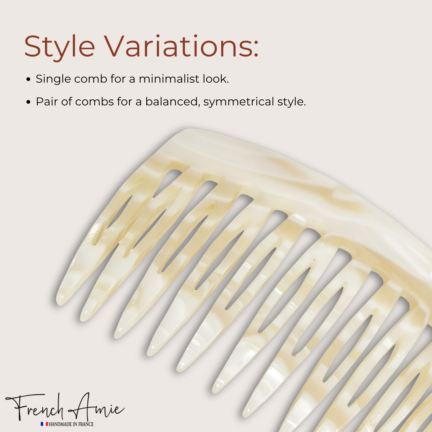 French Amie Handmade Ivory Cream Medium Celluloid 16 Teeth Side Hair Comb