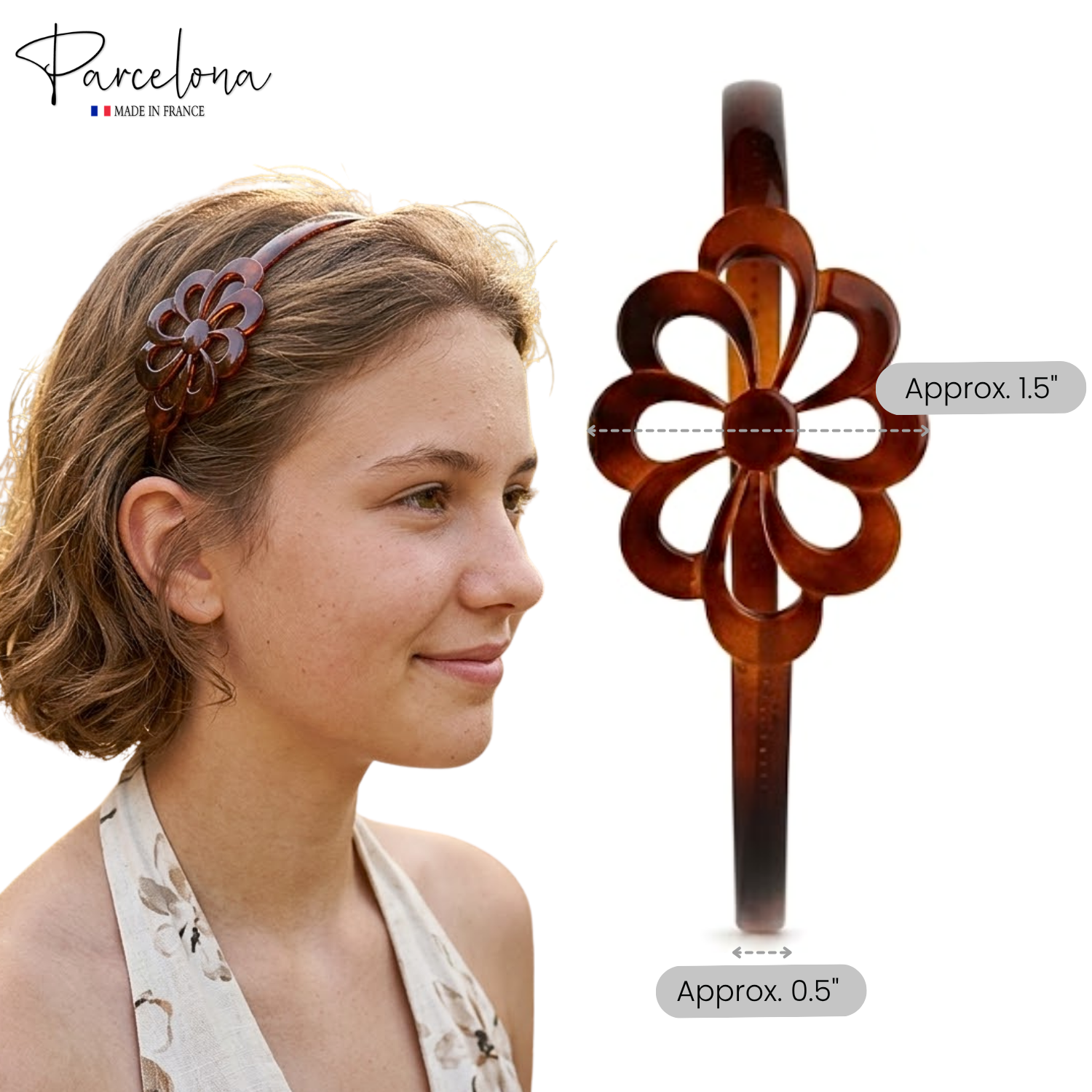 Parcelona French Wide Flower Tortoise Shell Brown Cellulose Acetate Headband