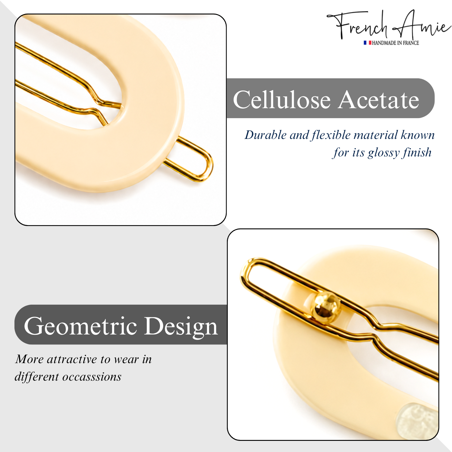 French Amie Mini Oval 2” Cellulose Handmade Snap Tige Boule Hair Clips
