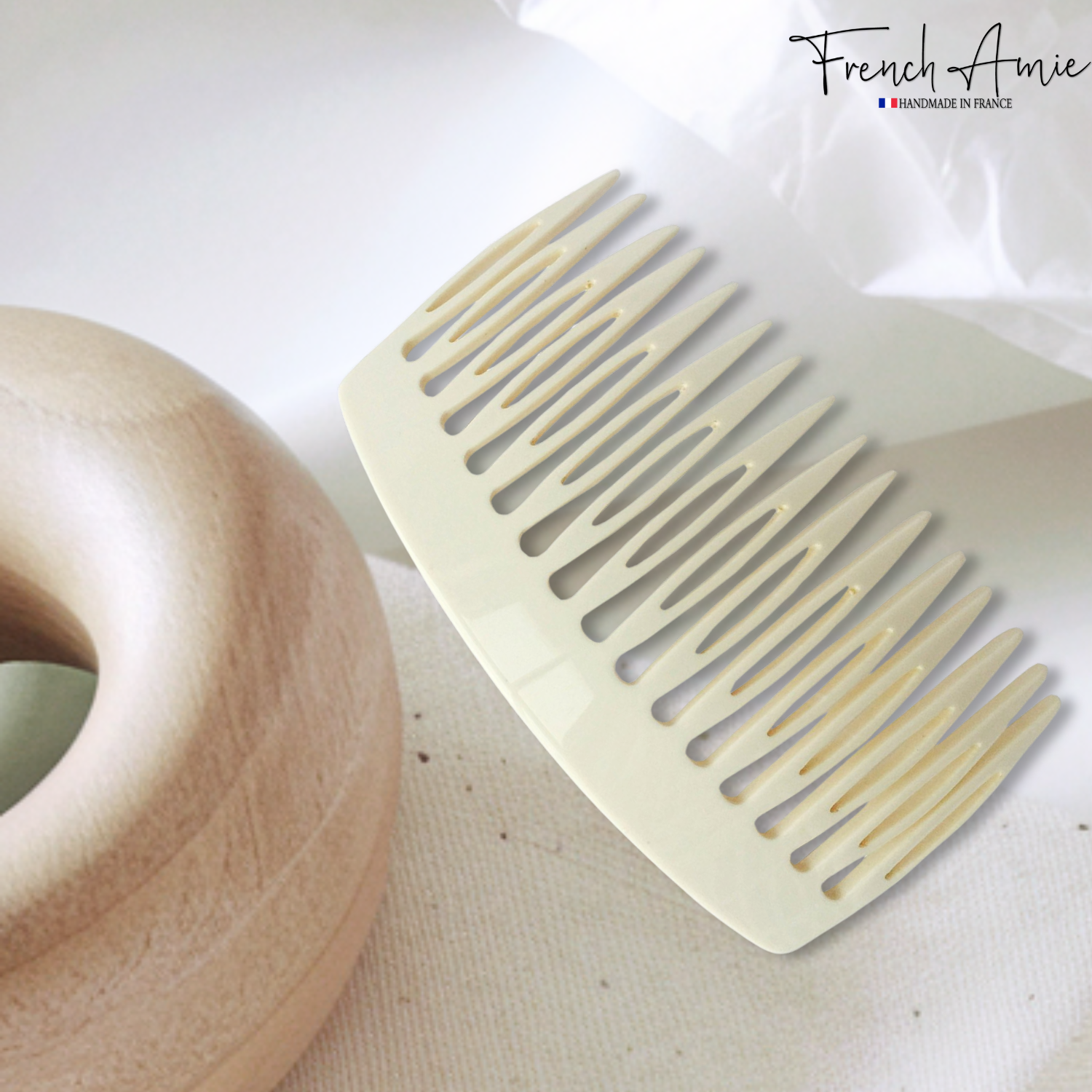 French Amie Handmade Solid Ivory Celluloid Acetate 16 Teeth Side Hair Comb