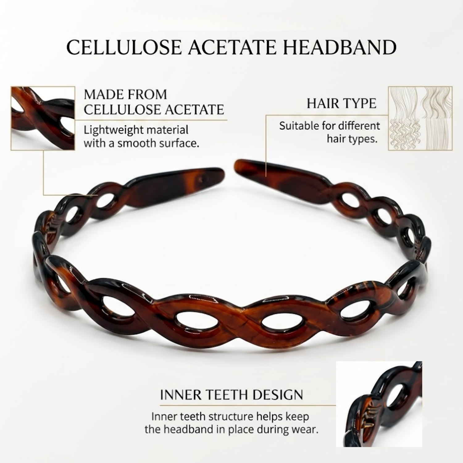 Parcelona Chain Link Hair Band Cellulose Acetate Inner Teeth Women Headband